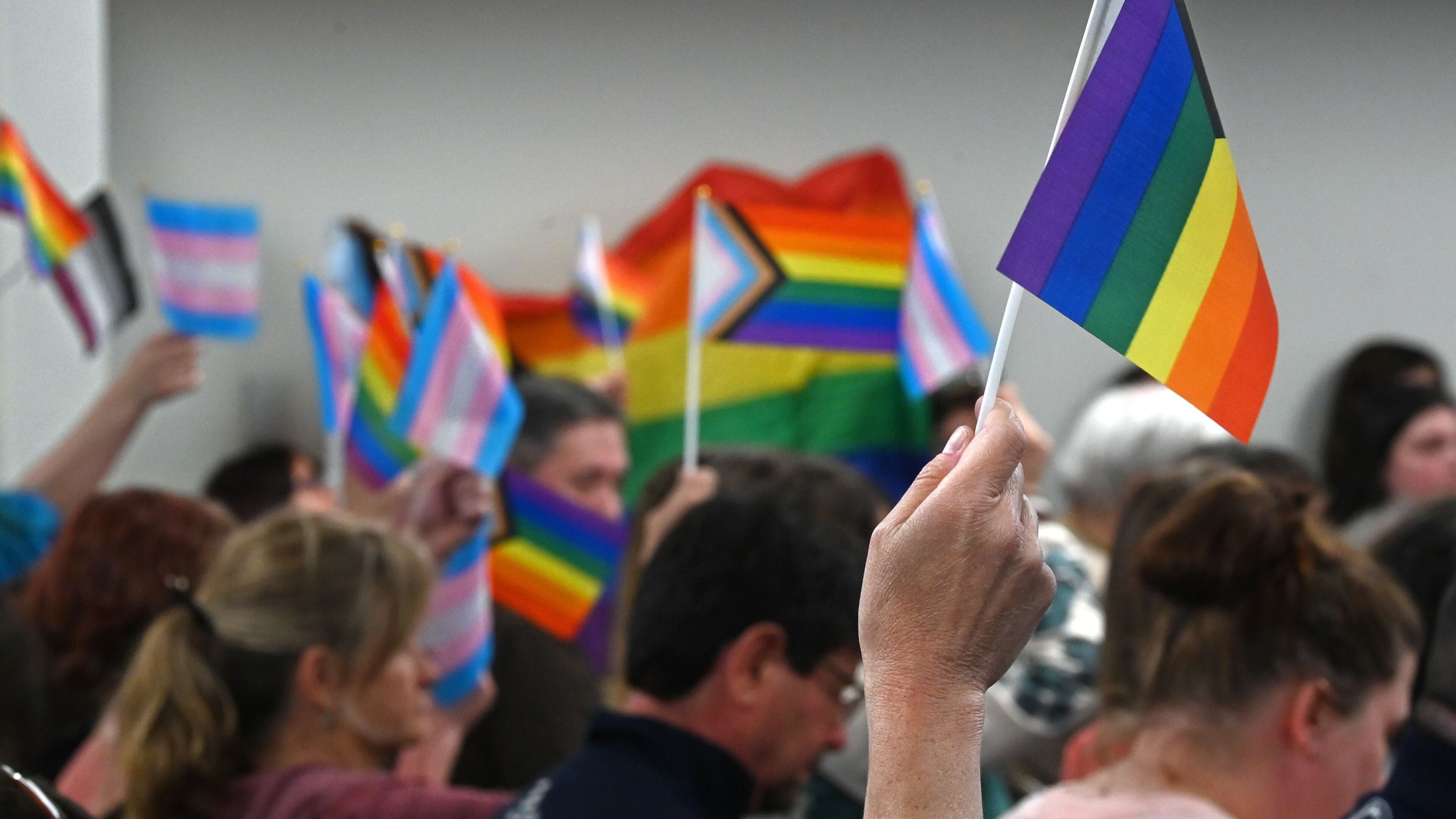 Attendees at a May meeting of the Central Bucks School District wave Pride flags. The district has banned the flags in schools and suspended a teacher who offered support to a transgender student, among other things. (Tom Gralish/The Philadelphia Inquirer/TNS)