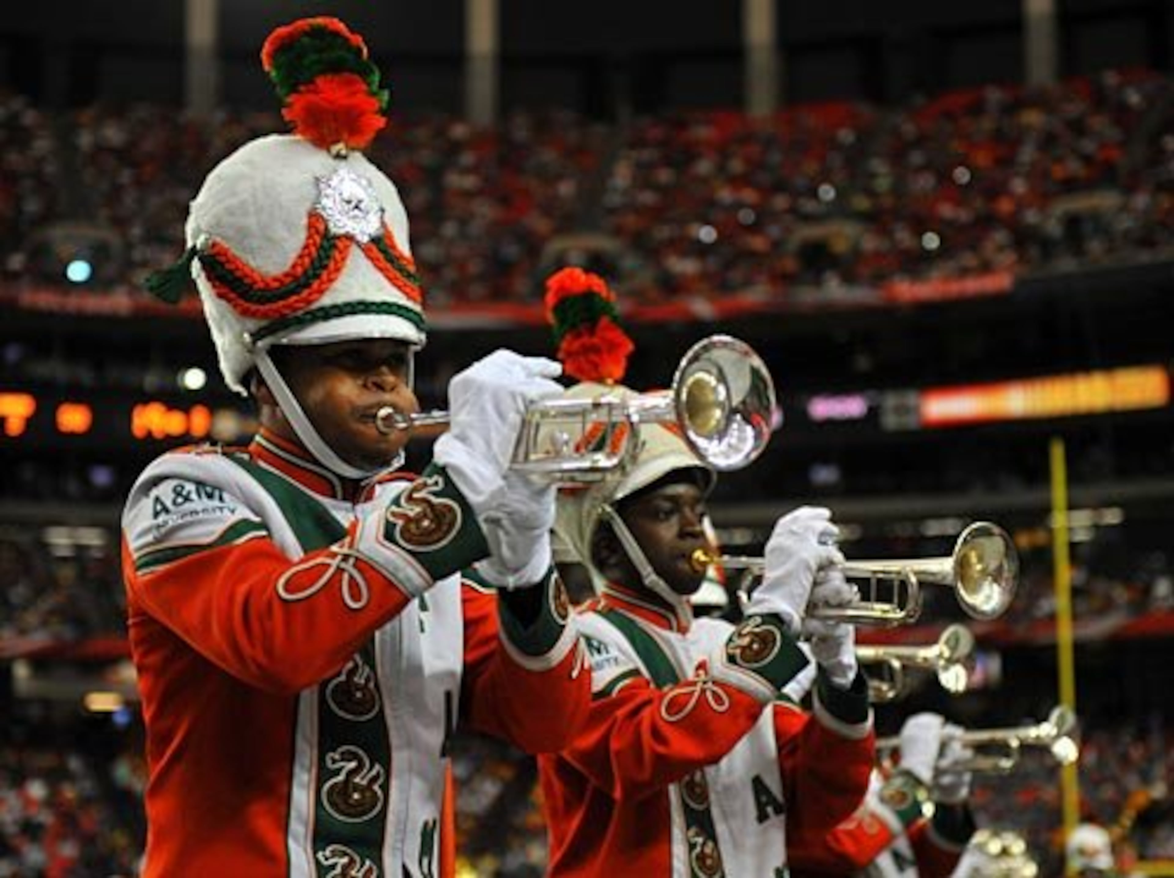 Trumpet players in the 420-member Florida A&M University band perform during the Battle of the Bands.