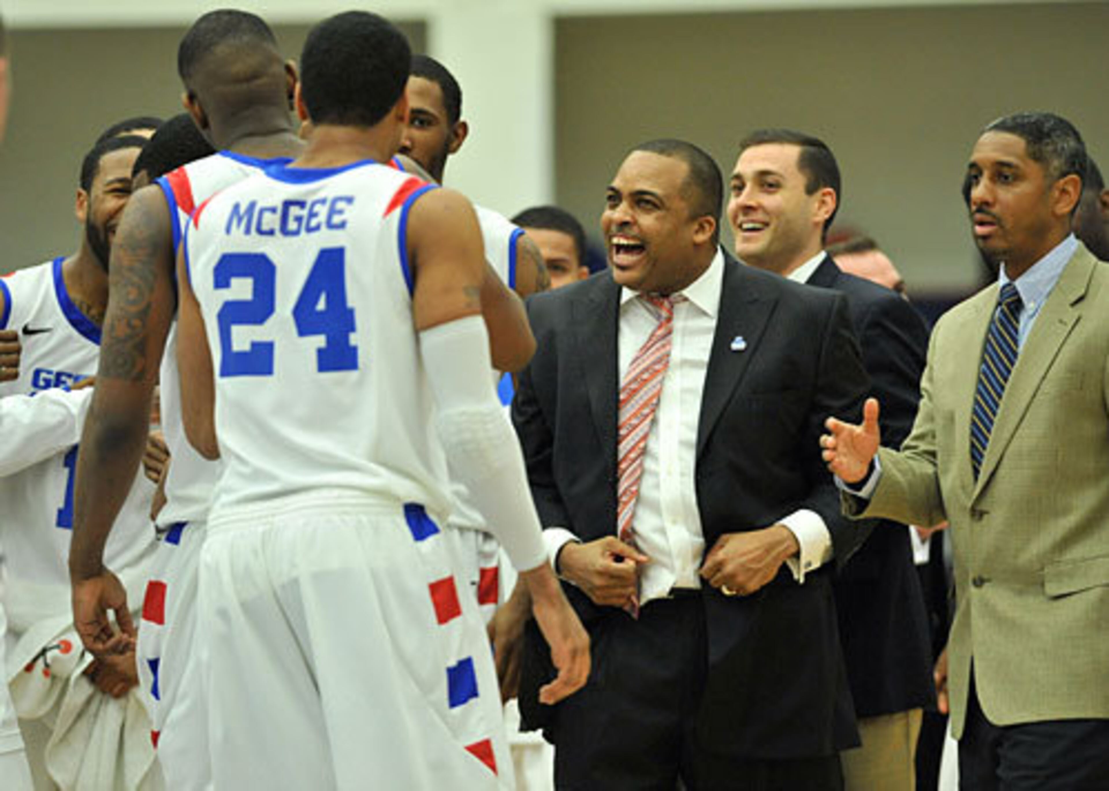 Panthers head coach Ron Hunter reacts after Georgia State center James Vincent (not pictured) scores in first half action.