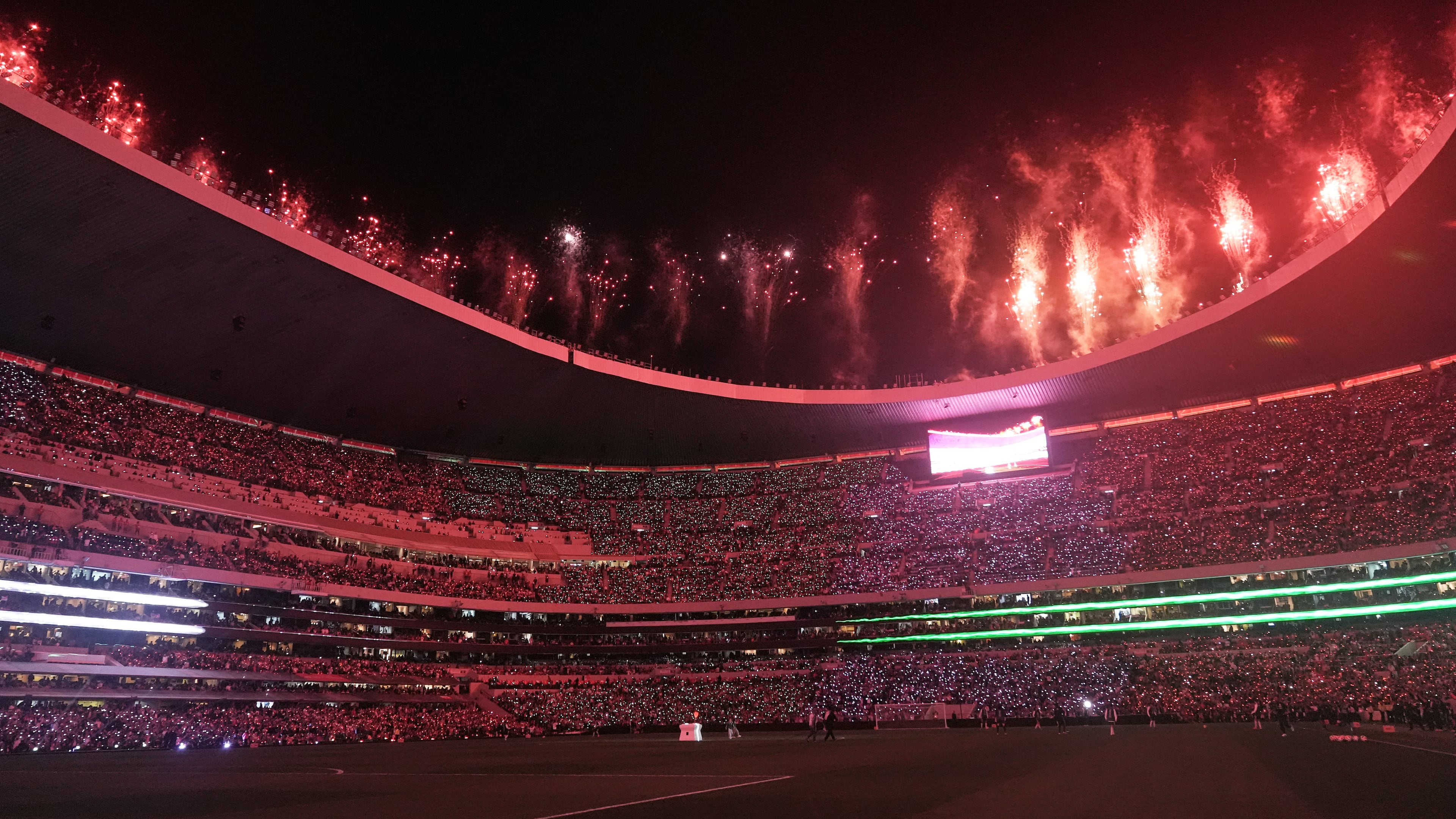 FILE - Fireworks go off at the halftime during the international friendly soccer match between Mexico and Portugal at the Estadio Barnorte in Mexico City, Saturday, March 28, 2026. (AP Photo/Eduardo Verdugo, file)