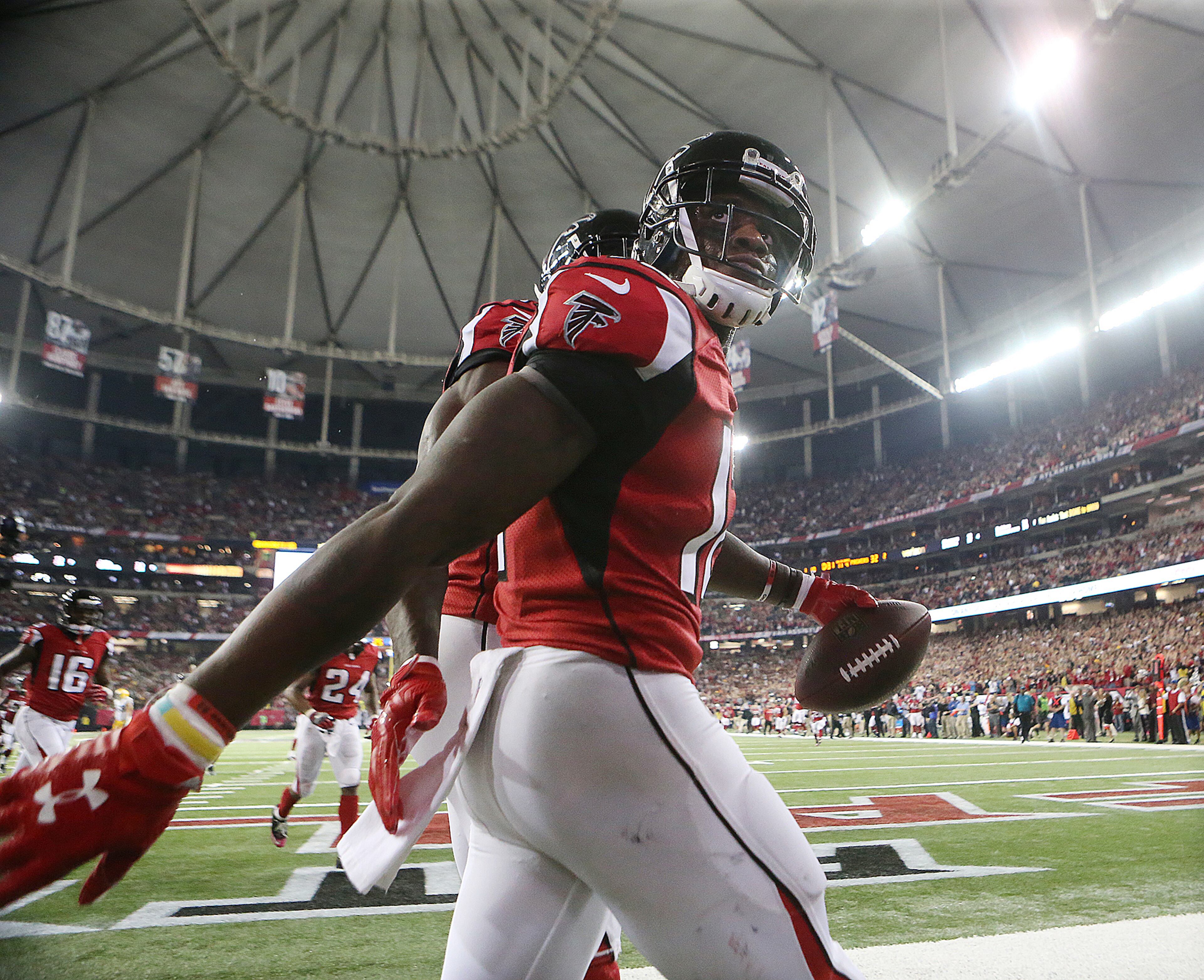 October 30, 2016 ATLANTA: Falcons wide receiver Mohamed Sanu takes in the cheering crowd after making the winning touchdown reception for a 33-32 victory over the Packers in an NFL football game on Sunday, Oct. 30, 2016, in Atlanta. Curtis Compton /ccompton@ajc.com