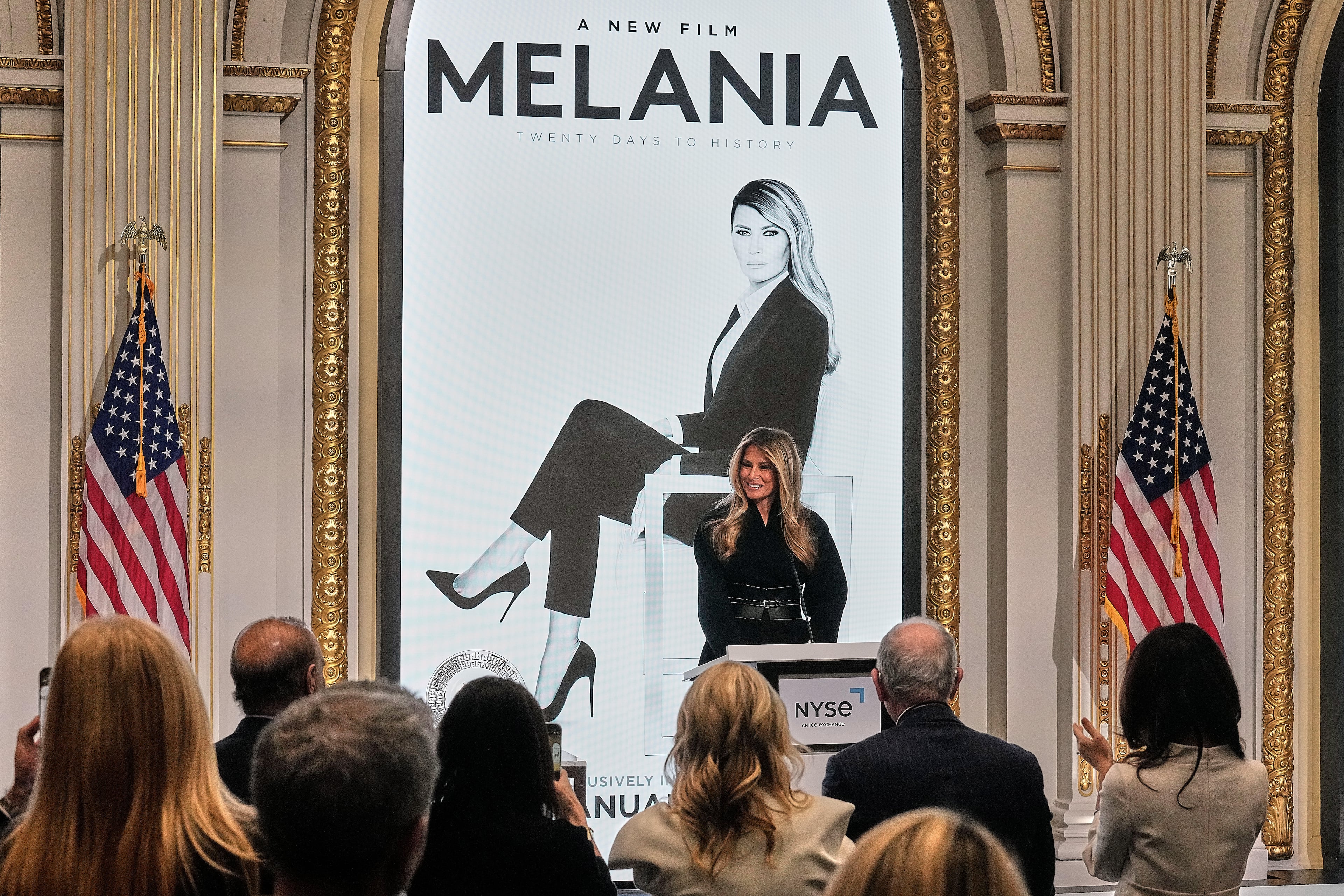 First lady Melania Trump delivered remarks in the New York Stock Exchange board room before ringing the opening bell on Wednesday. (Richard Drew/AP)