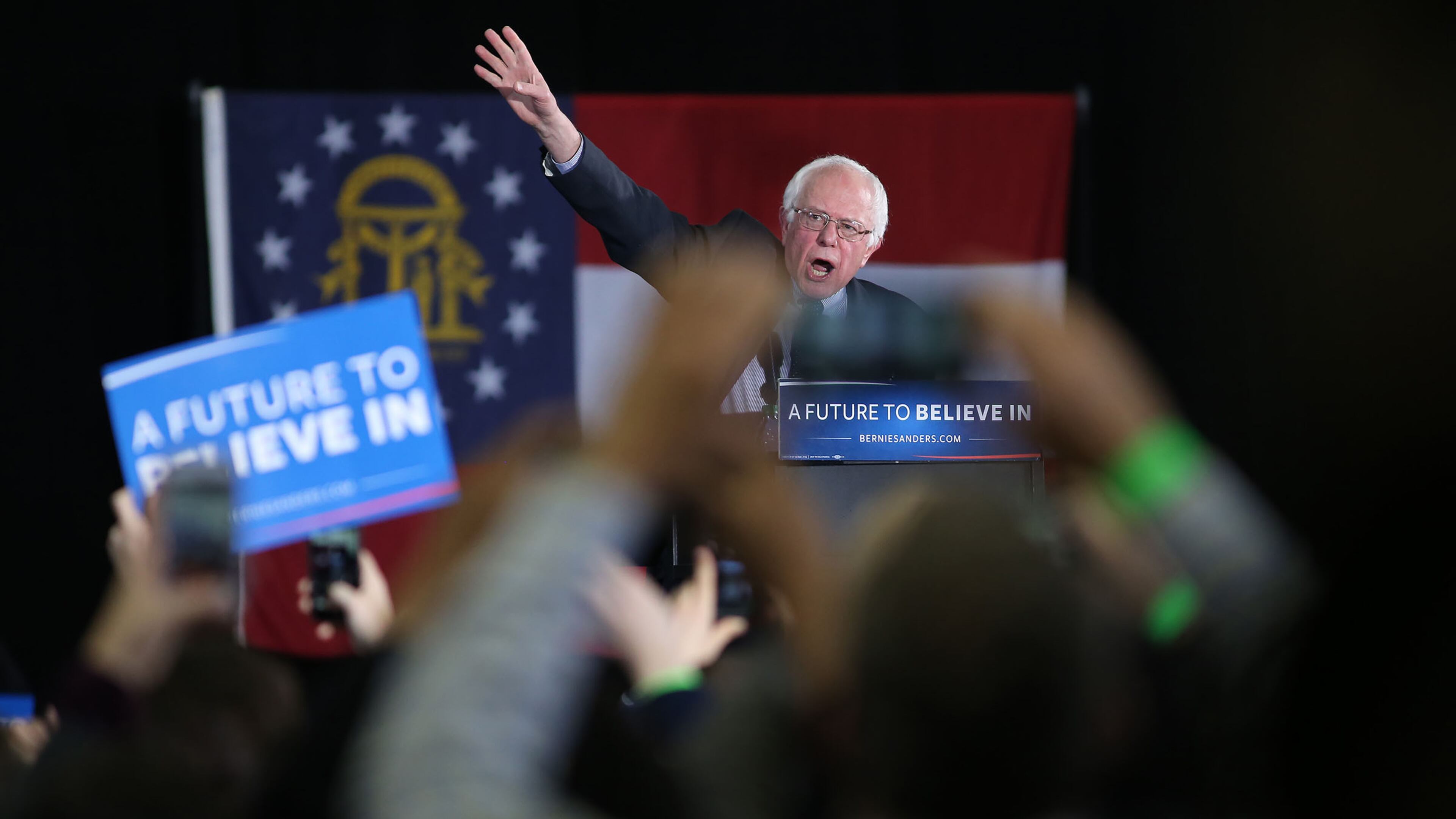February 16, 2016 Atlanta: Bernie Sanders waves to the crowd as he takes the podium at his campaign rally Tuesday evening February 16, 2016 at Morehouse College. Ben Gray / bgray@ajc.com