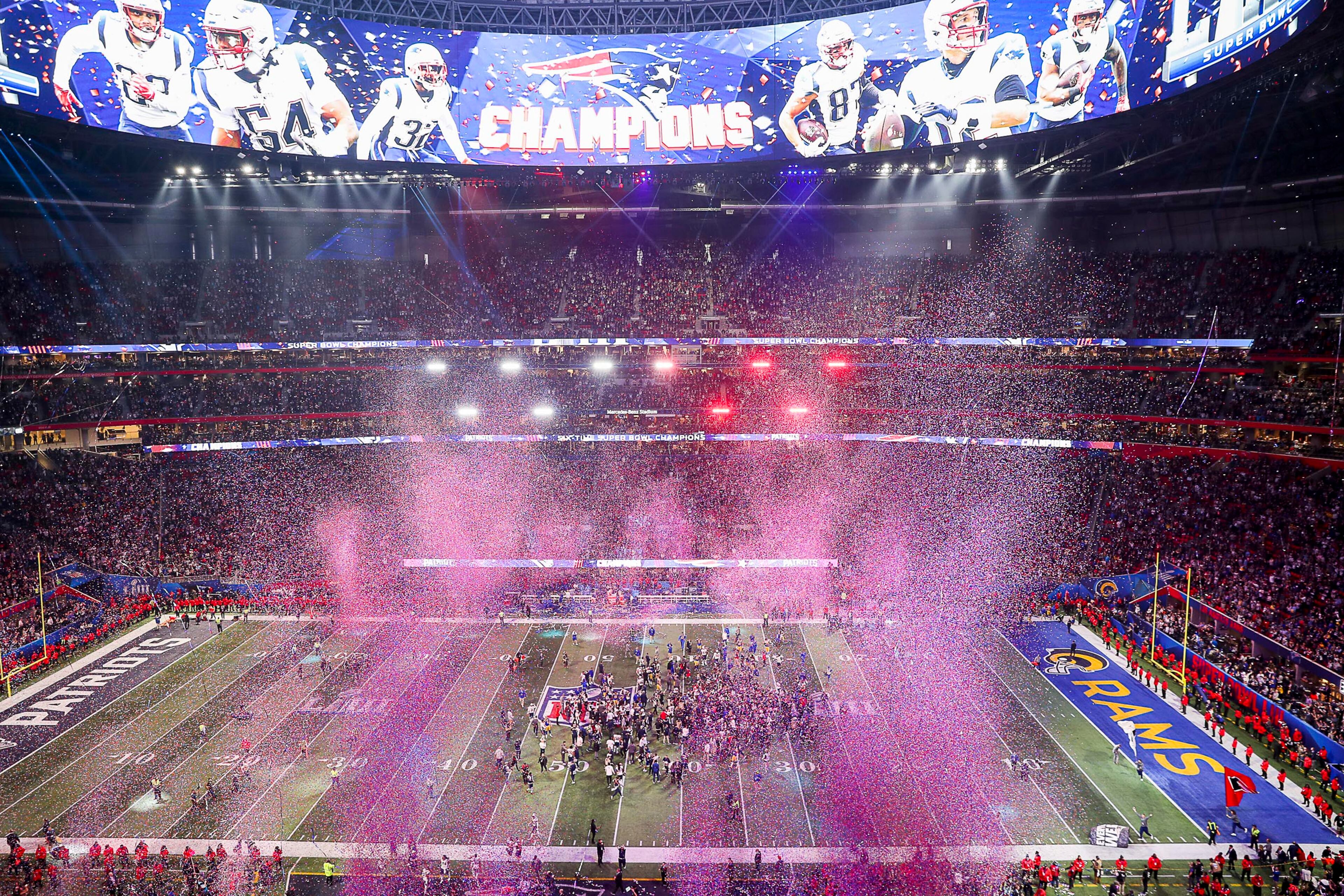 2/3/19 - Atlanta - Confetti falls along the field at Mercedes-Benz Stadium after the the New England Patriots defeated the Los Angeles Rams, 13-3, in Super Bowl LIII on Sunday, Feb. 3, 2019. (ALYSSA POINTER/ALYSSA.POINTER@AJC.COM)