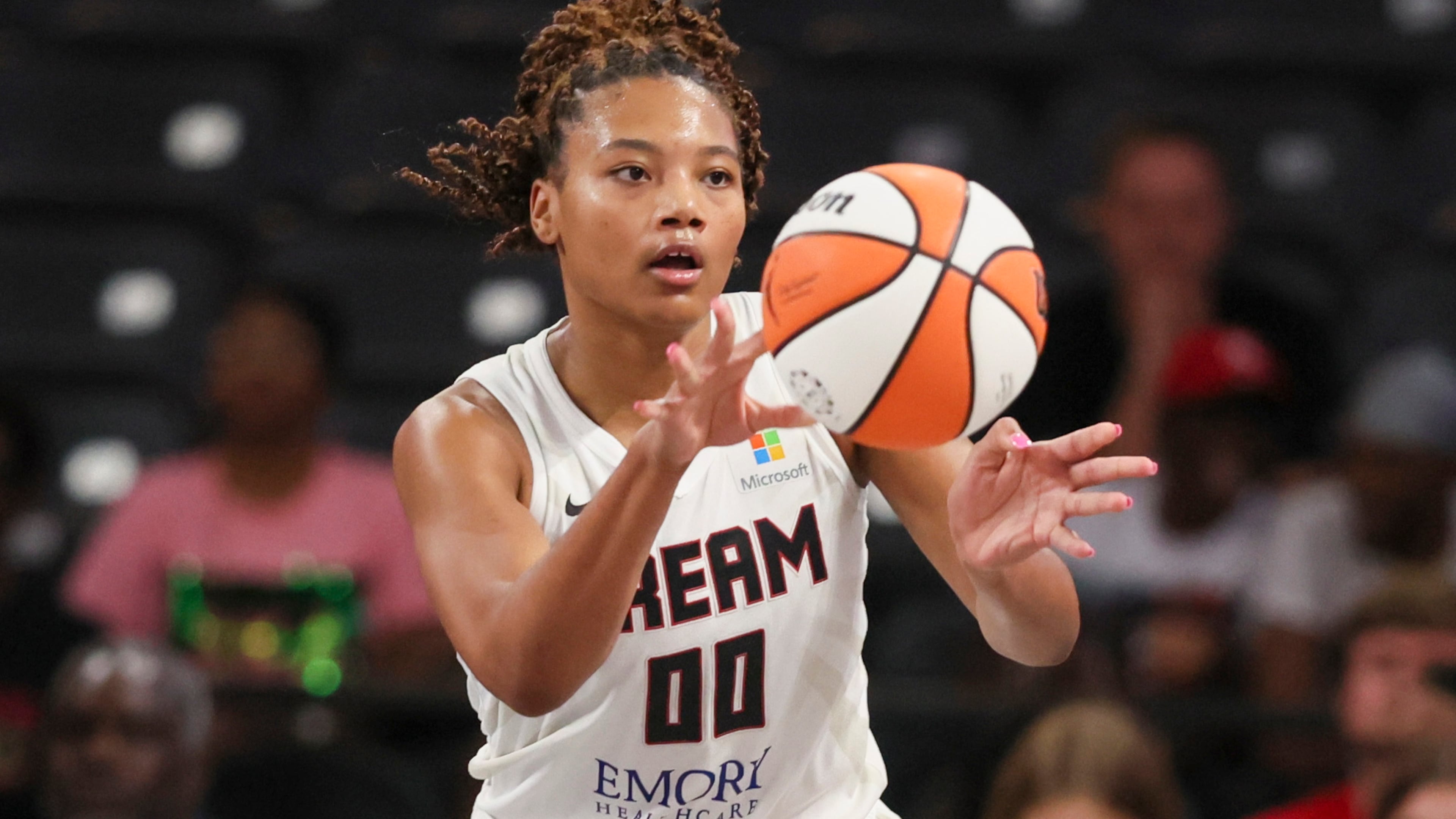 On Monday night, Atlanta Dream forward Naz Hillmon delivered her best performance from deep. She hit four 3-pointers and finished with a season-high 16 points, six rebounds, one assist, one steal and a blocked shot. (Jason Getz/AJC 2024)