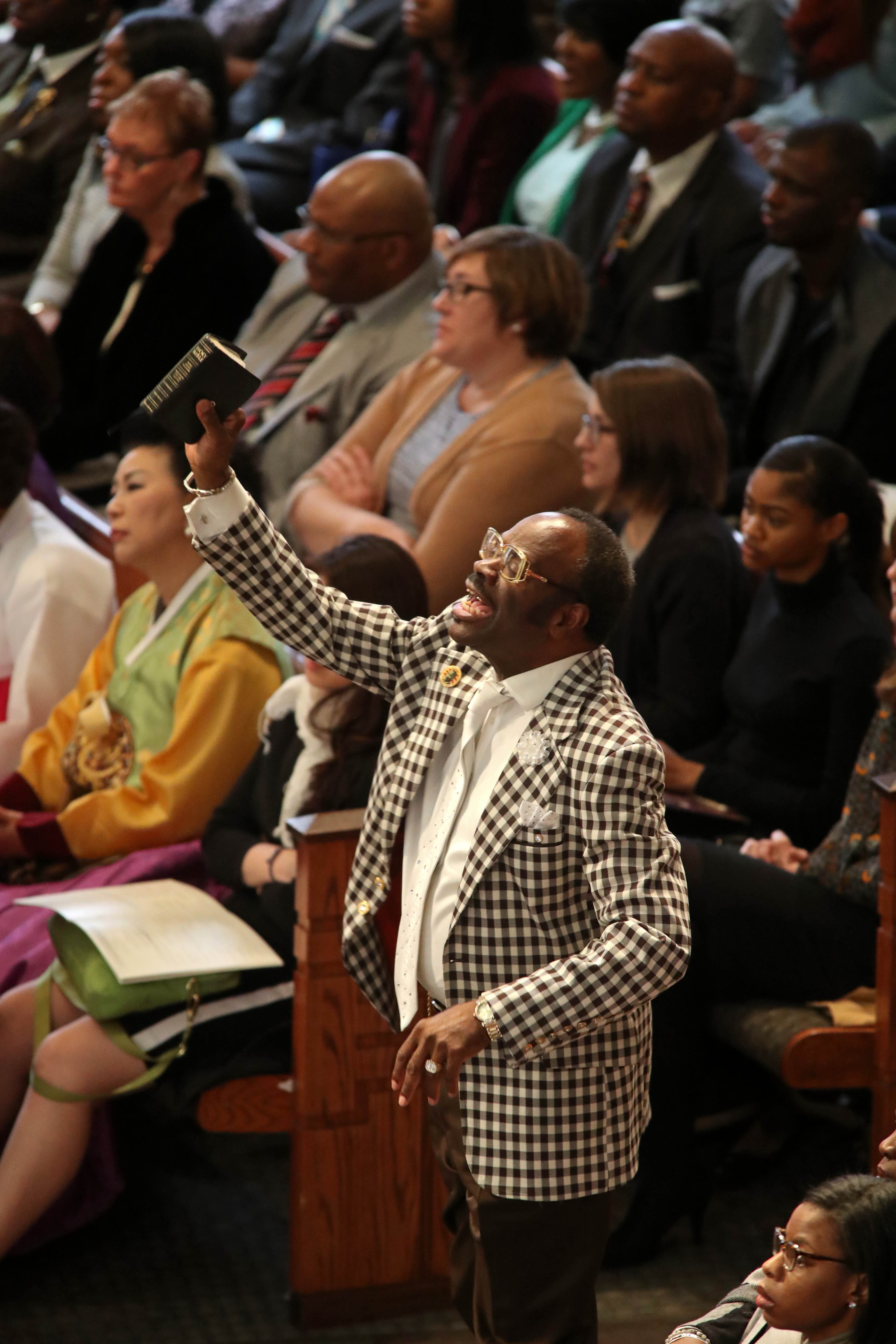 January 16, 2017 - Atlanta, Ga: Cal Murrell reacts to the speech of Bernice King during the 49th annual Martin Luther King Jr. Commemorative Service at Ebenezer Baptist Church Monday, January 16, 2017, in Atlanta, Ga. PHOTO / JASON GETZ