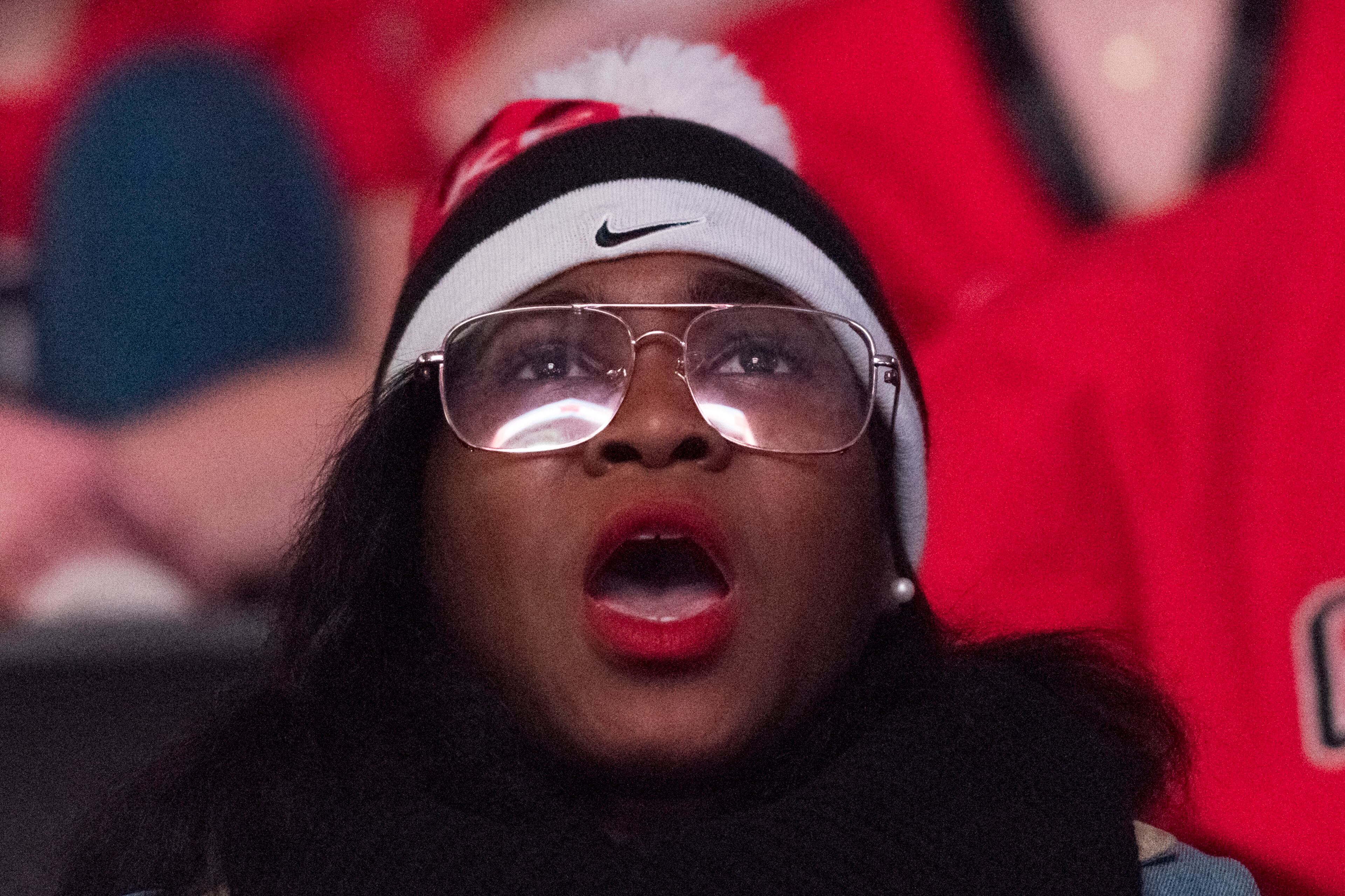 January 8, 2018, Athens - A student reacts while watching the NCAA National Championship game between UGA and Alabama at Stegeman Coliseum in Athens, Georgia, on Monday, January 8, 2018. DAVID BARNES / SPECIAL