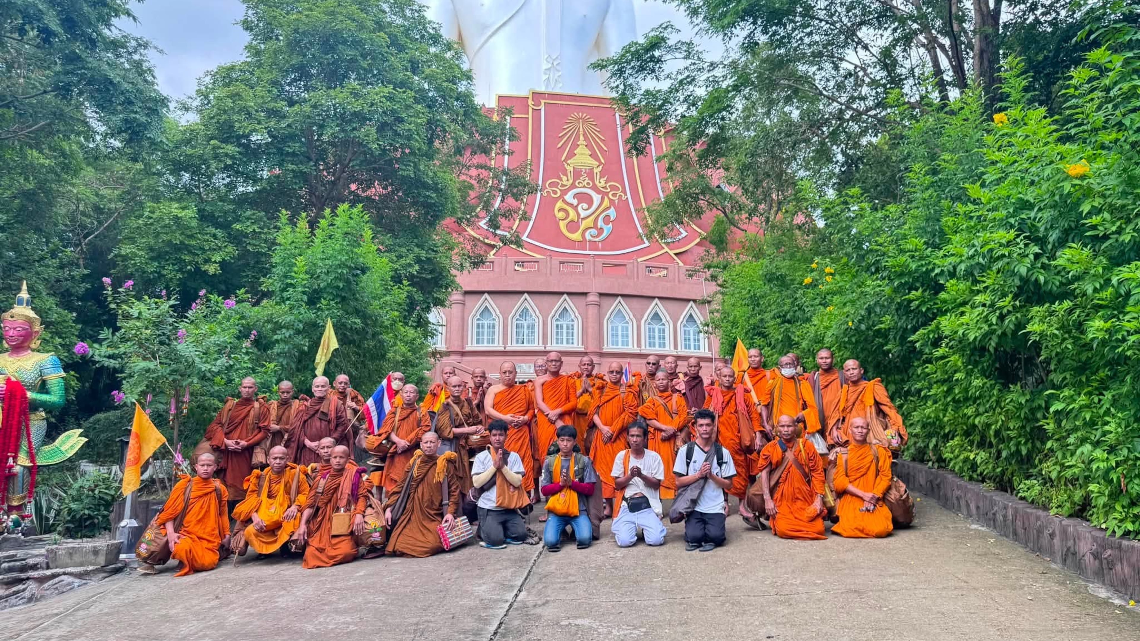 This photograph released by the Phu Manorom temple shows a group of Thai Buddhist monk posing for a picture at Phu Manorom temple in Mukdahan province, Thailand, Thursday, July 2, 2026 (Phu Manorom temple via AP)