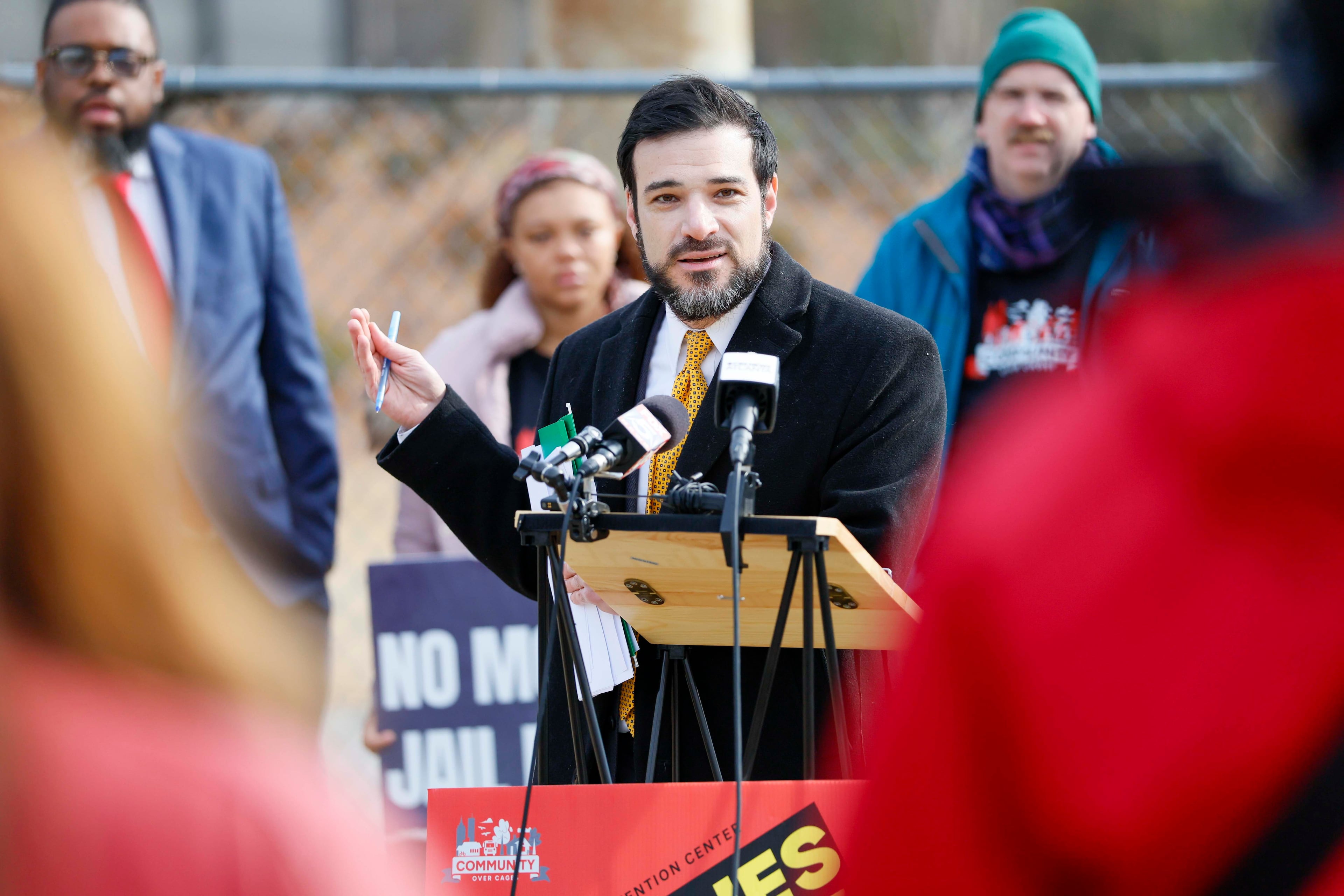Senior staff attorney at the ACLU of Georgia, Akiva Freidlin, speaks to press members during a news conference at the Fulton jail on Tuesday, Feb. 3, 2026. He says Fulton has made only "limited" progress since the ACLU report of three years ago. (Miguel Martinez/AJC)
