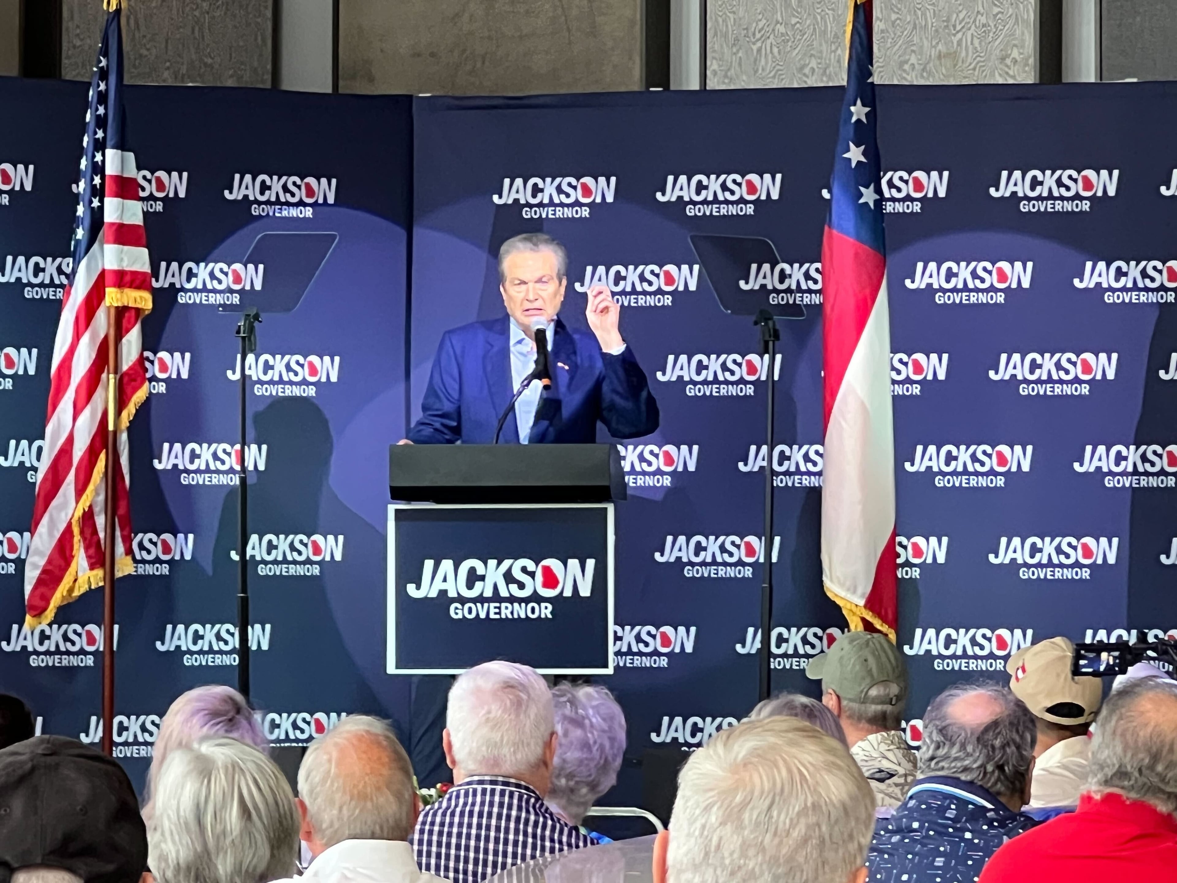 Republican candidate for governor Rick Jackson speaks to supporters at the Governor's Gun Club in Kennesaw on Monday. (Patricia Murphy/AJC)