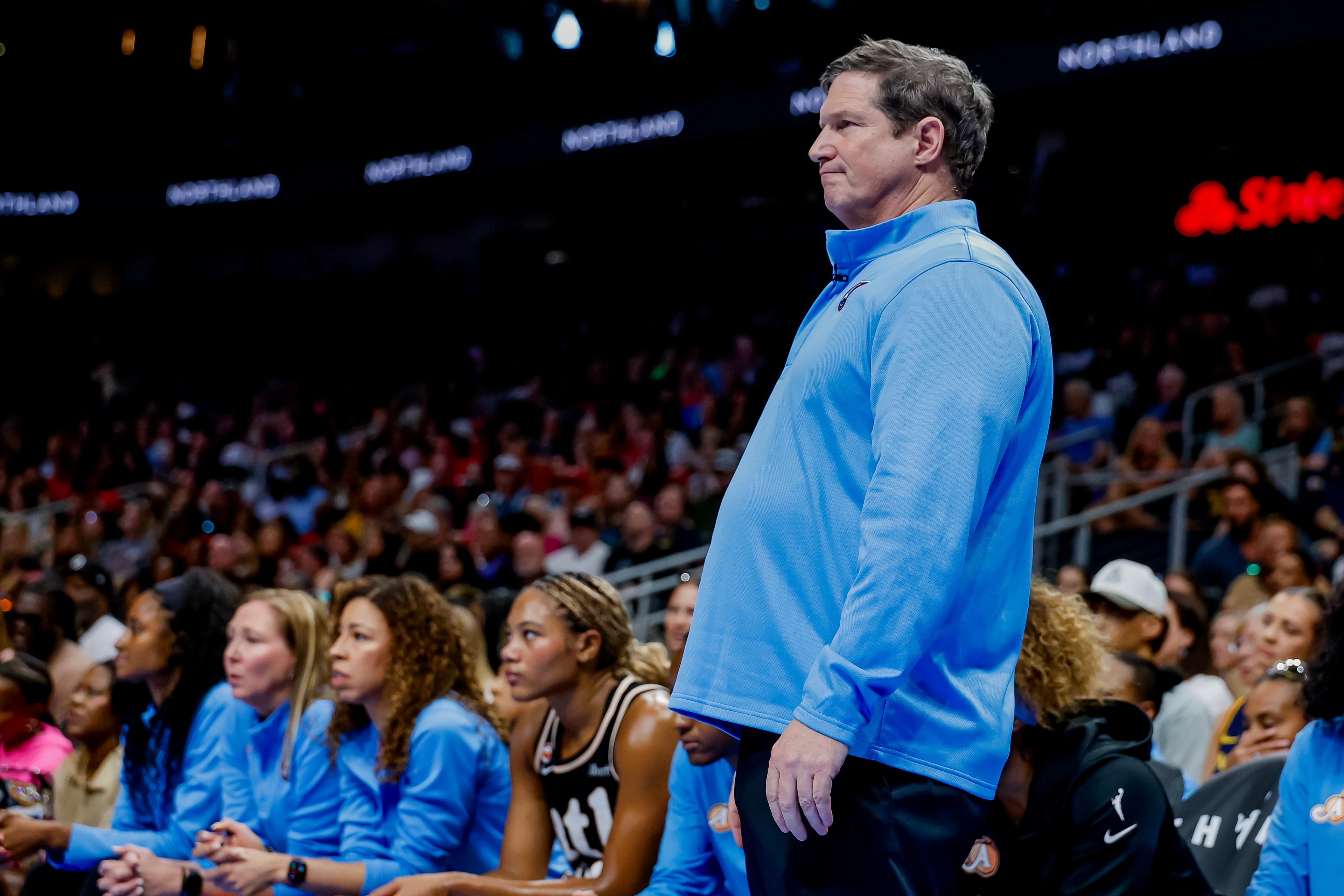 Atlanta Dream head coach Karl Smesko looks on during the WNBA game between the Dream and the Fever. (Erik S. Lesser for the AJC)
