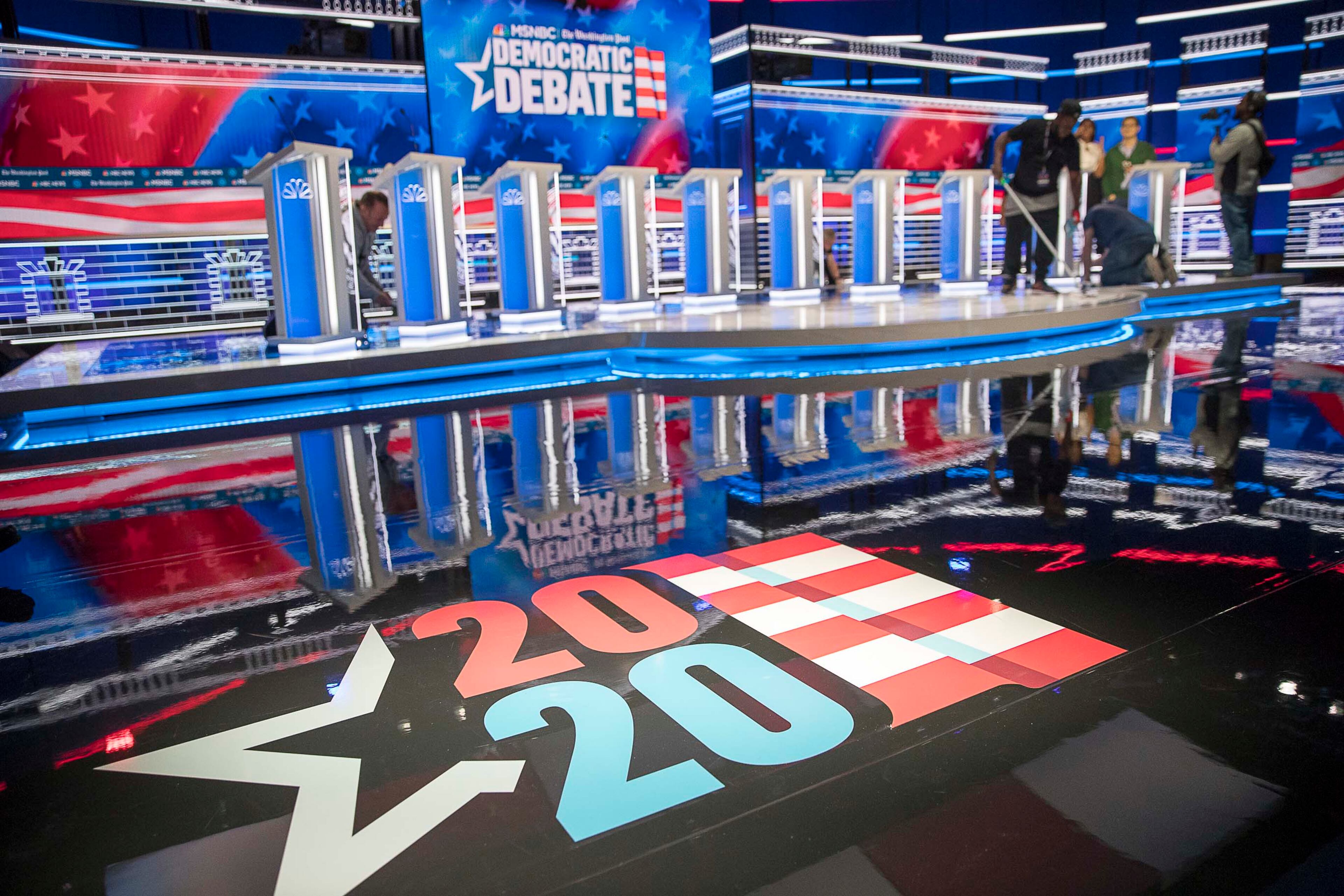 11/19/2019 -- Atlanta, Georgia -- Crews continue to work on the final touches of the debate stage a day before the televised MSNBC/The Washington Post Democratic Presidential debate inside the Oprah Winfrey Soundstage at Tyler Perry Studios in Atlanta, Tuesday, November 19, 2019. (Alyssa Pointer/Atlanta Journal Constitution)