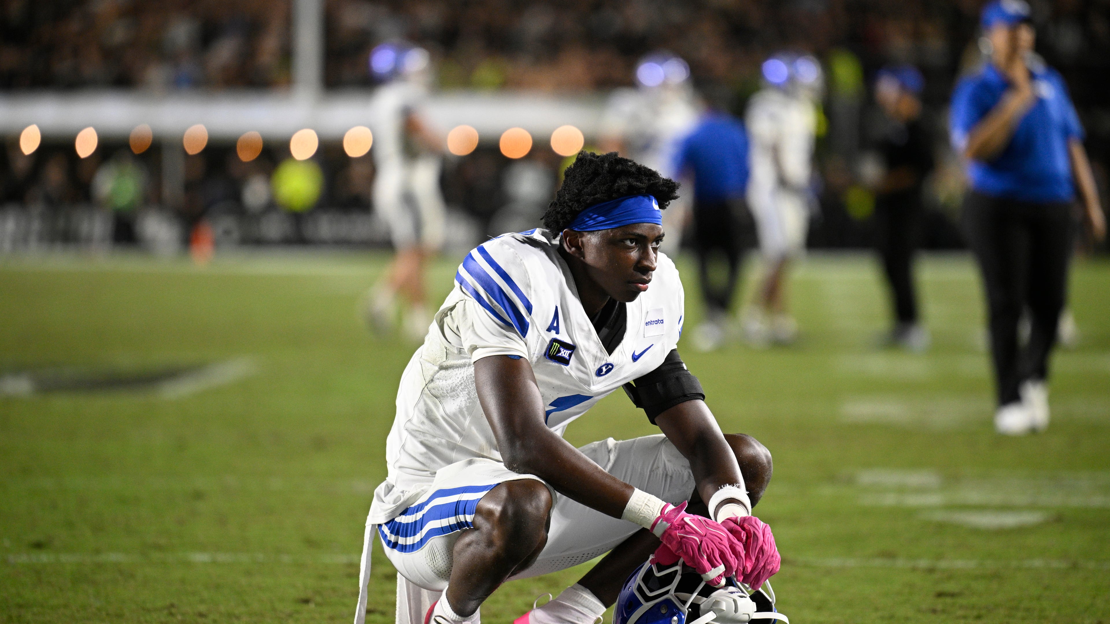 BYU cornerback Therrian Alexander reacts after Central Florida scored a two-point conversion during the second overtime period of an NCAA college football game, Saturday, Oct. 24, 2026, in Orlando, Fla. (AP Photo/Phelan M. Ebenhack)