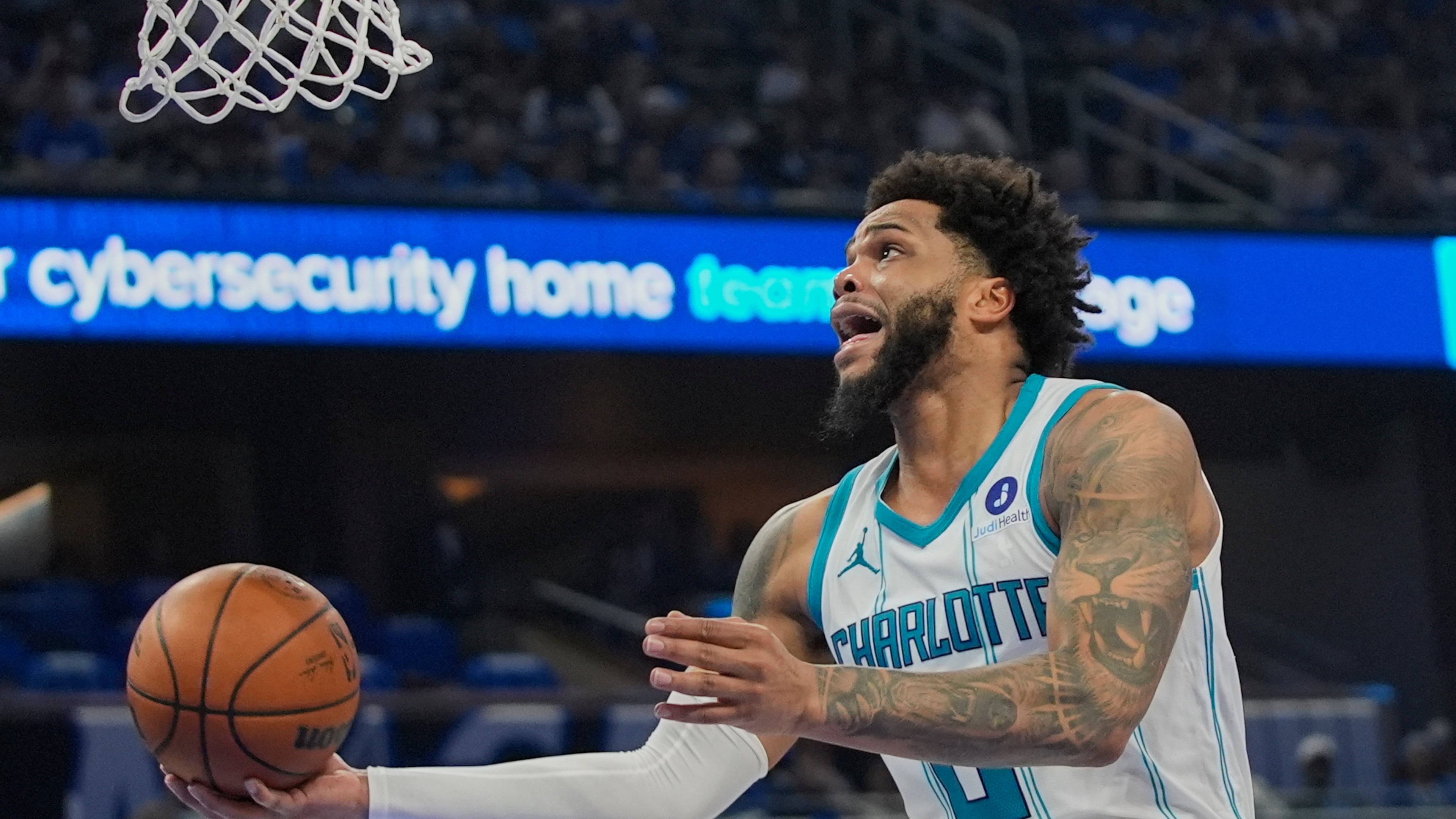 FILE - Charlotte Hornets forward Miles Bridges makes a shot against the Orlando Magic during the second half of an NBA play-in tournament basketball game, Friday, April 17, 2026, in Orlando, Fla. (AP Photo/John Raoux, file)