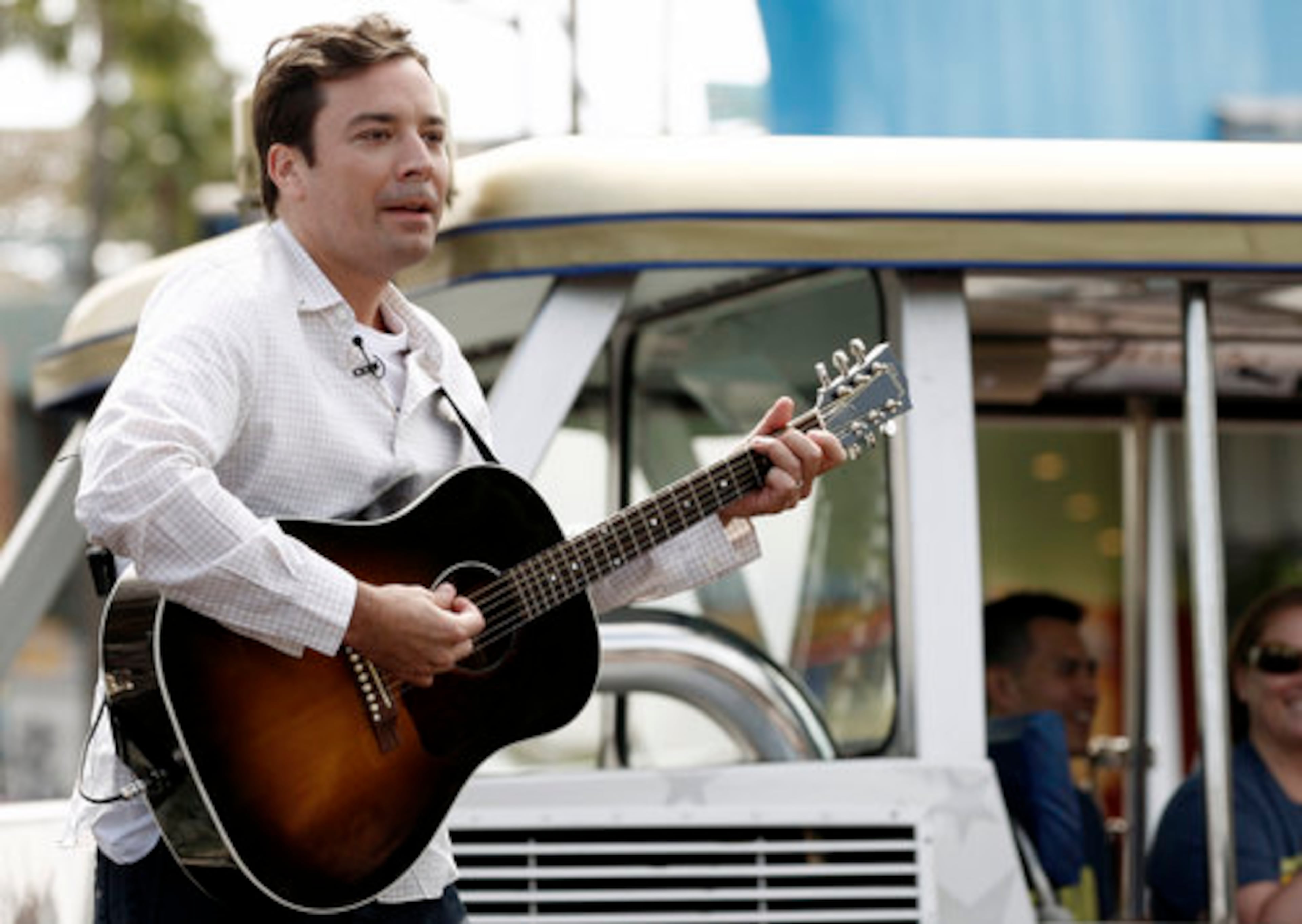 Comedian Jimmy Fallon performs "Tram-tastic" at Universal Studios Hollywood in Los Angeles, Thursday, June 2, 2011. Fallon wrote the song to mark his debut as the video host of the Universal Studios Hollywood Studio Tour.