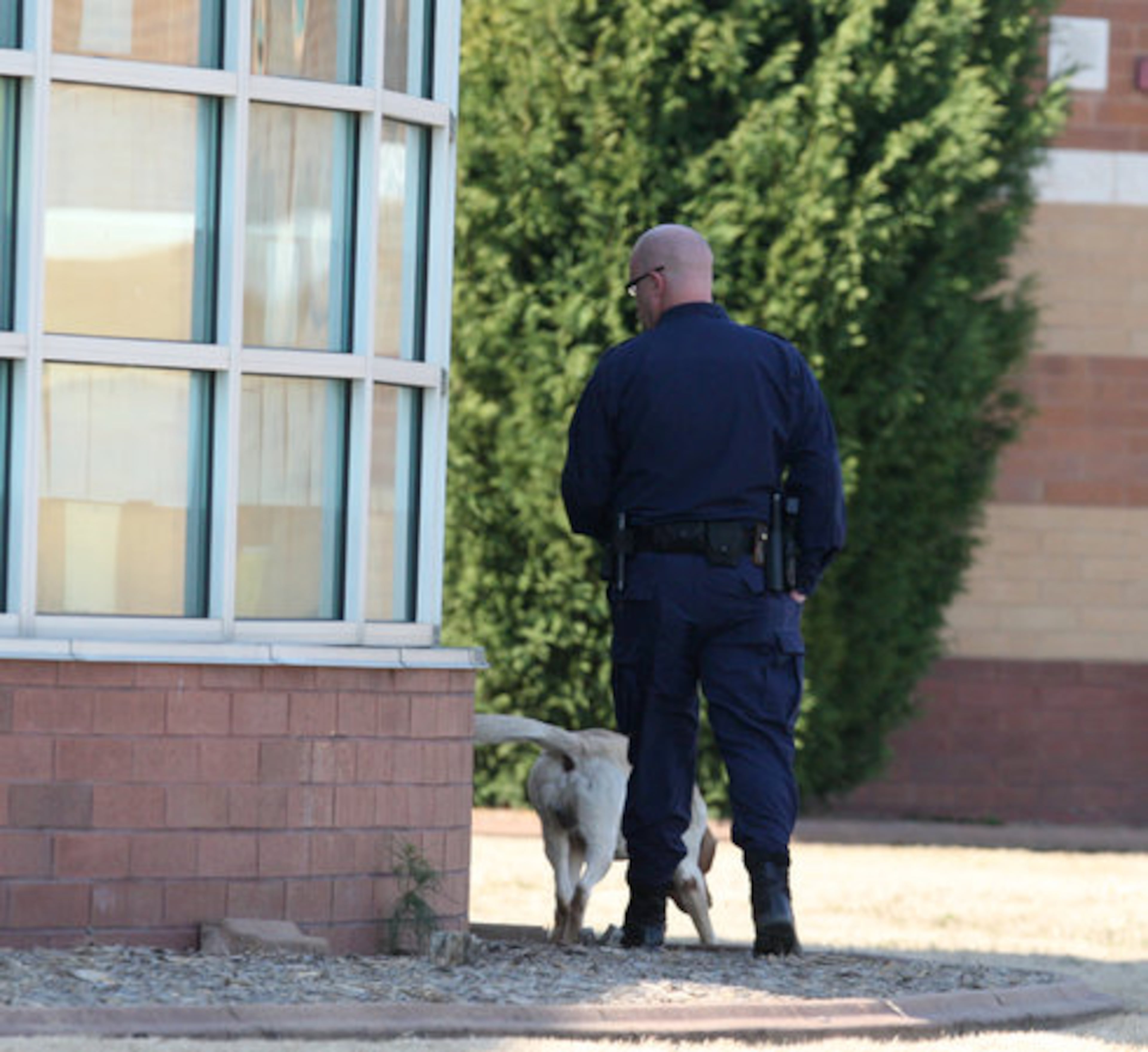 A Woodstock- K-9 officer walks around the school.