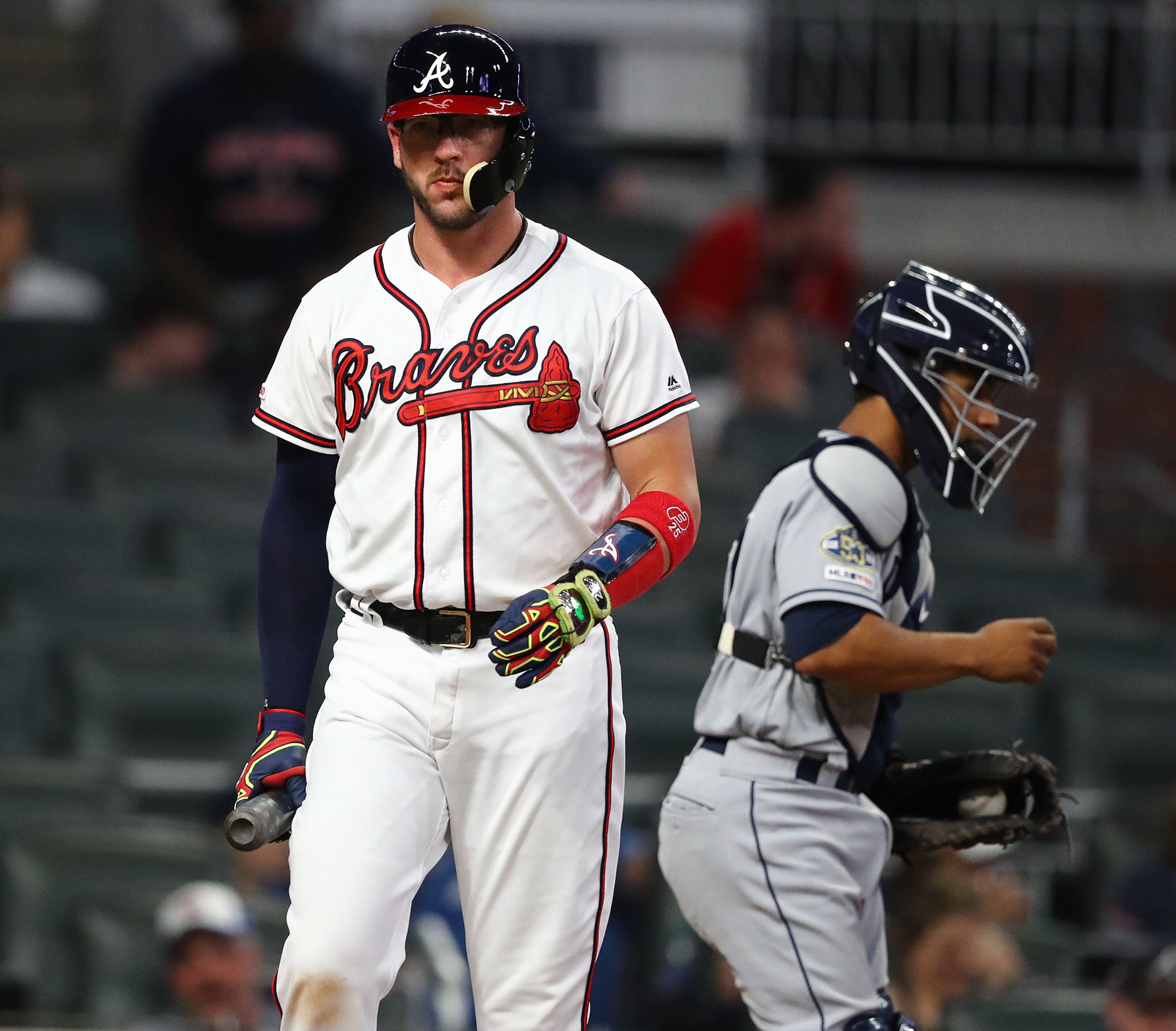 Braves' Tyler Flowers strikes out in the ninth inning to end the game in a 4-3 loss to the San Diego Padres. Curtis Compton/ccompton@ajc.com