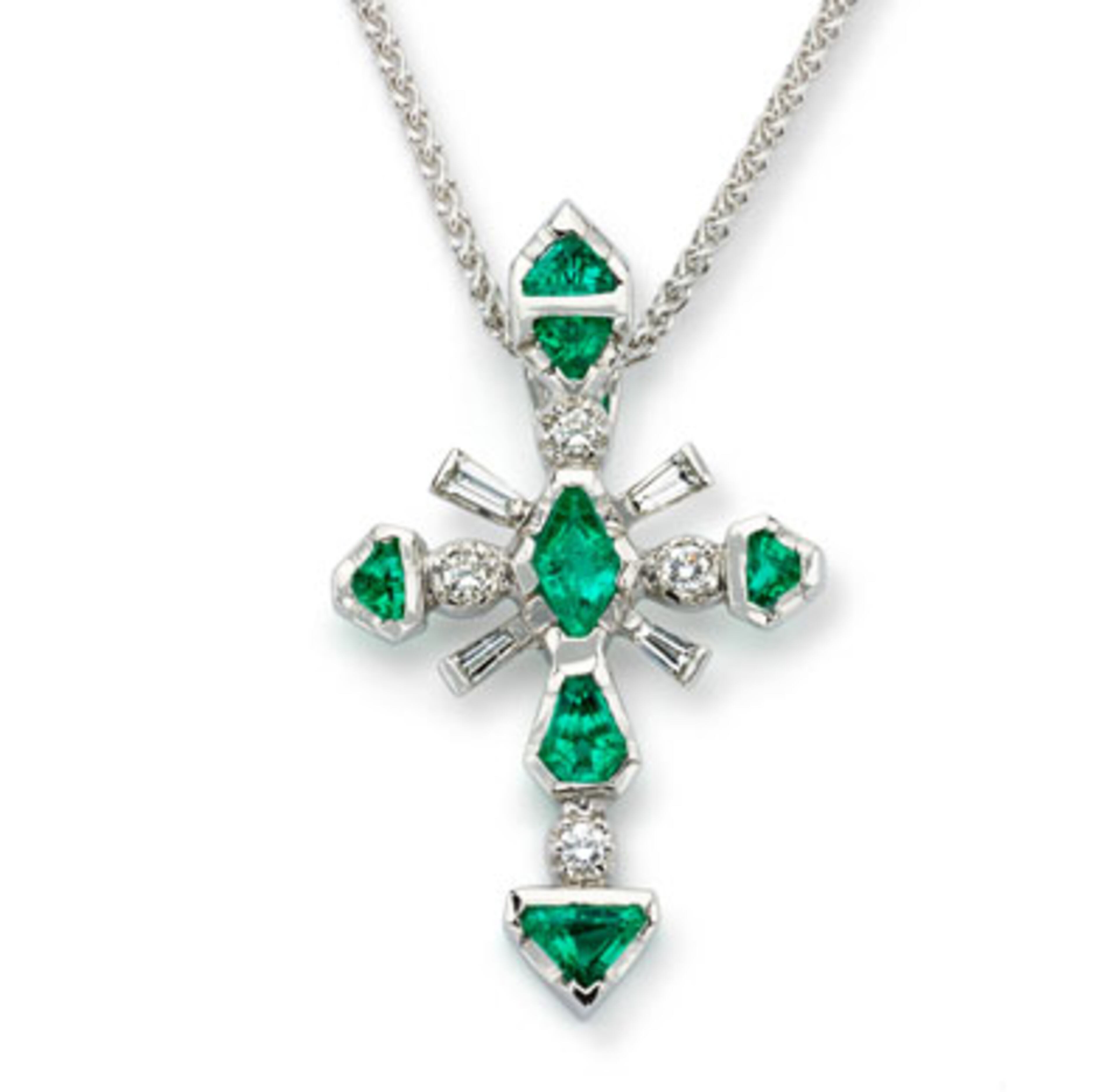 This necklace is known as the Epiphany. It features more than 5 carats of fancy kite-cut Colombian emeralds.