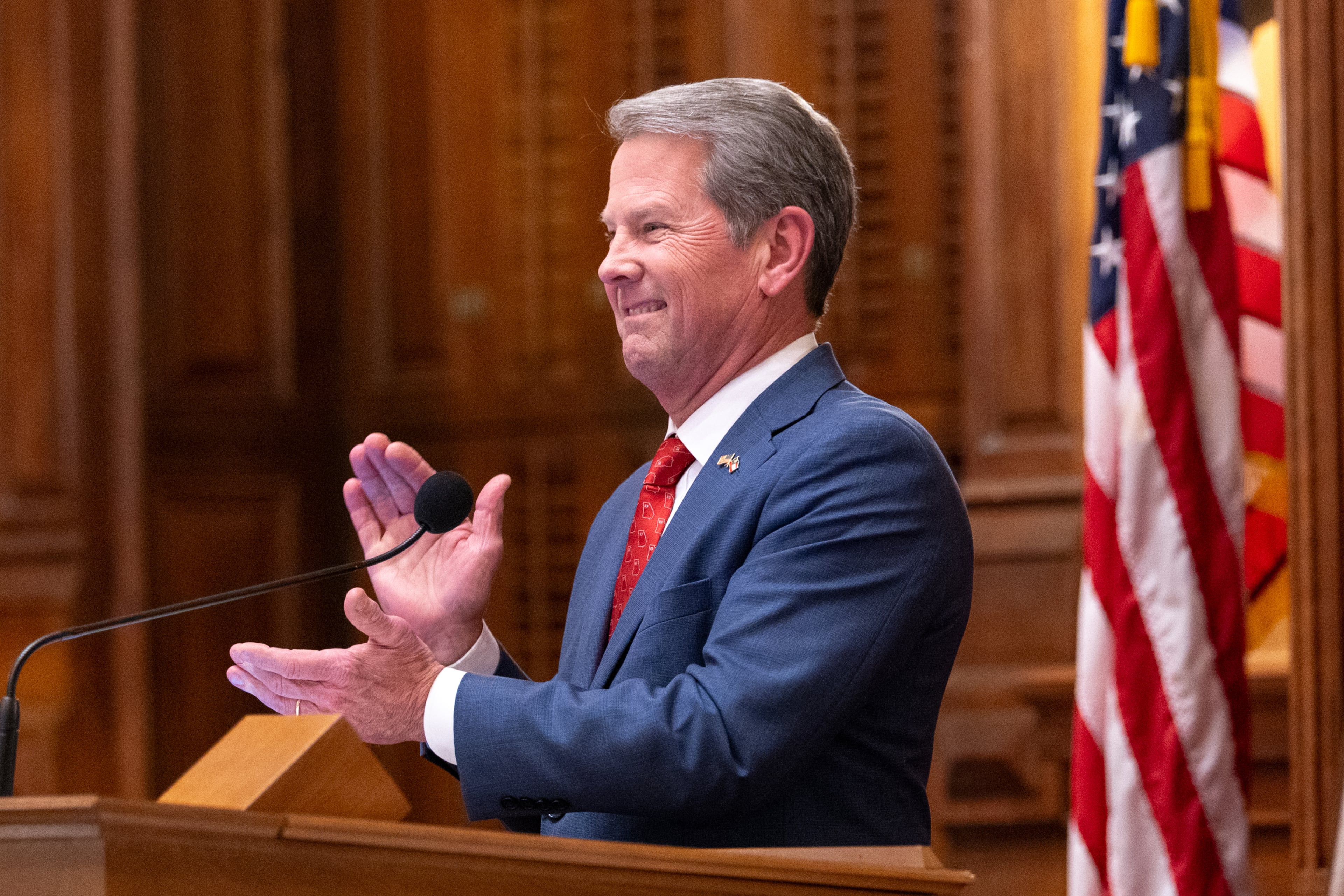 Gov. Brian Kemp, seen here at the state Capitol in April, has emerged as one of Georgia's biggest defenders of the data center industry. (Arvin Temkar/AJC)
