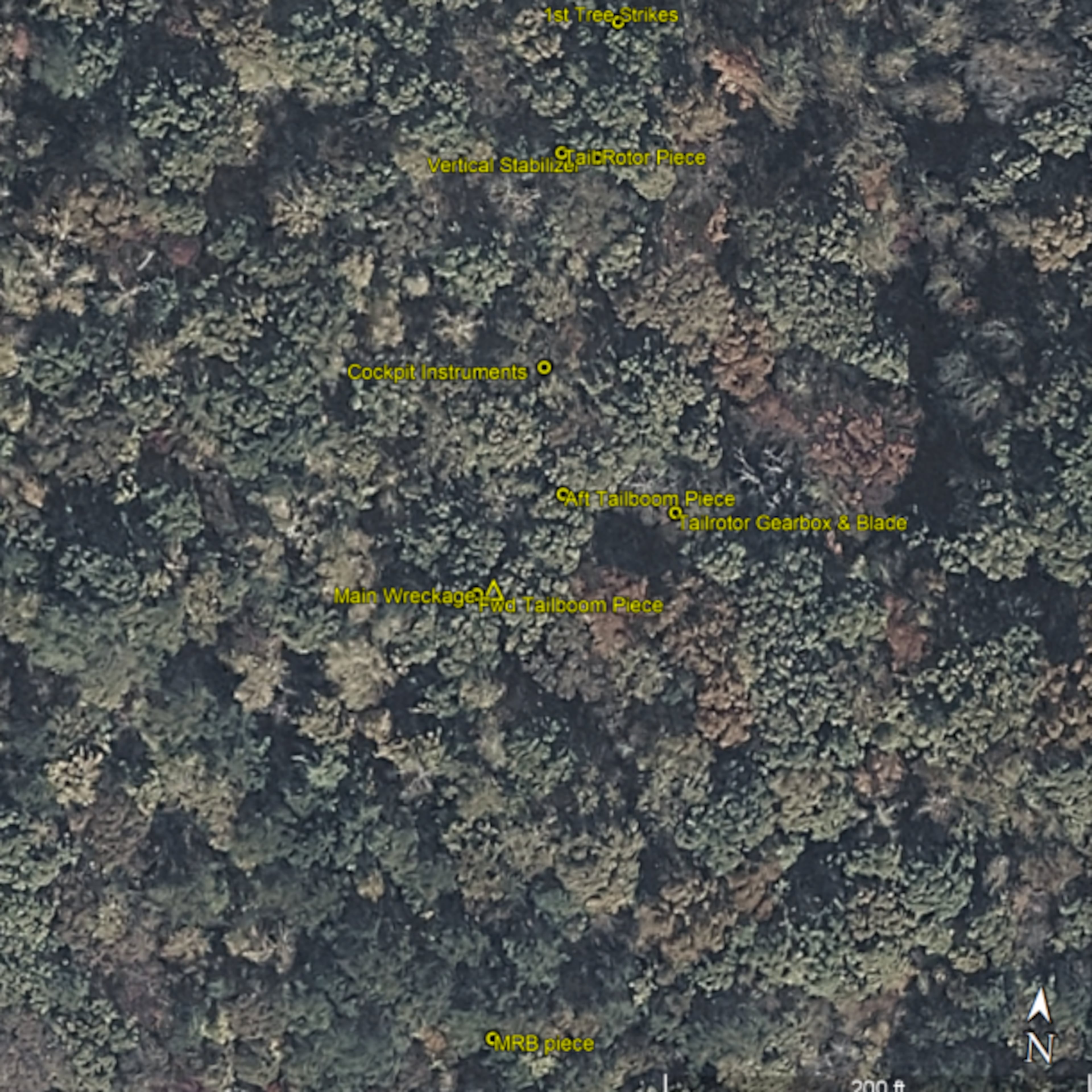A diagram from the NTSB shows the helicopter's main wreckage site and where other parts of the helicopter ended up. (Courtesy of the NTSB)