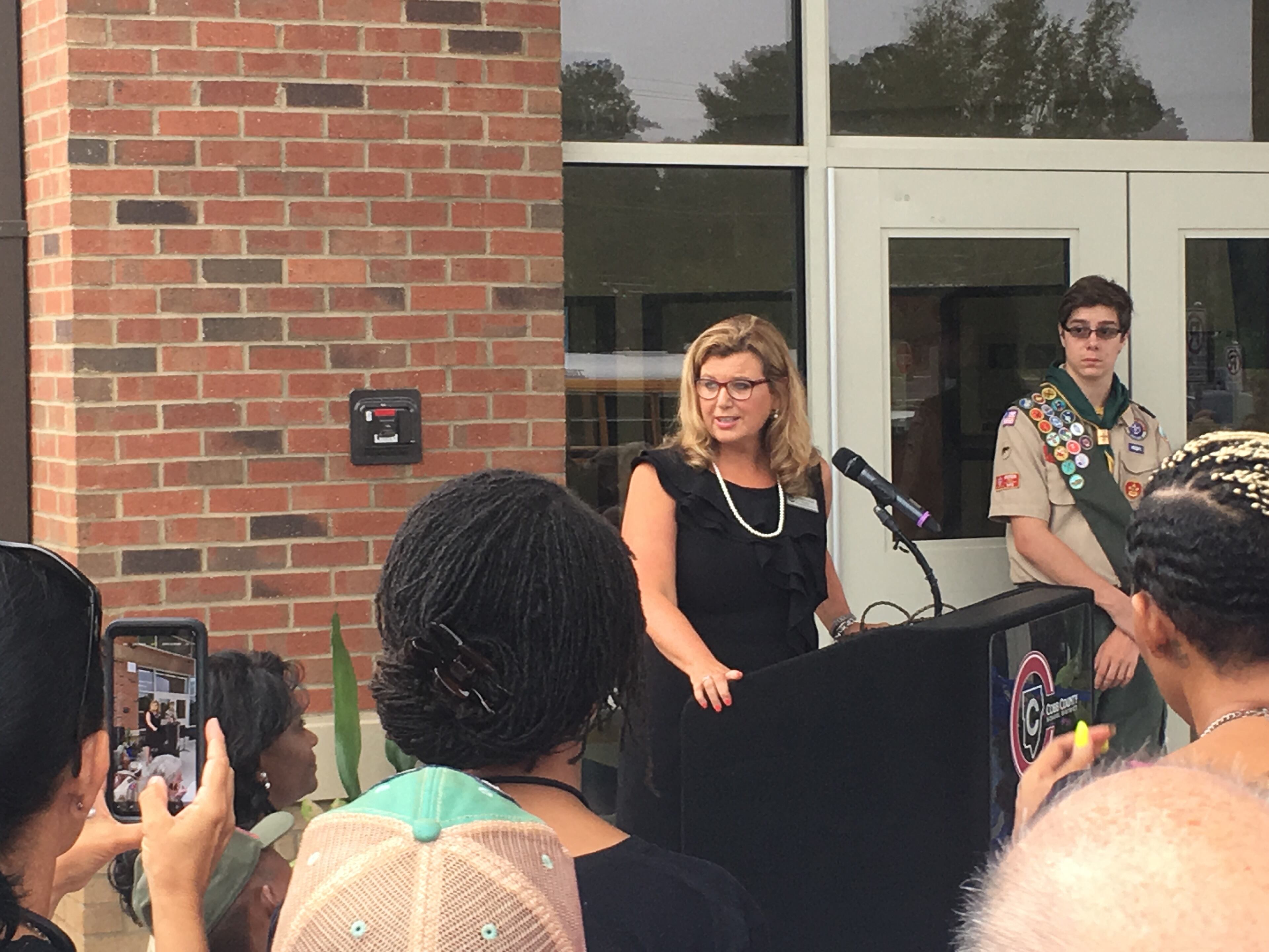 Princpal Amanda Richie speaks at the ribbon-cutting ceremony for the new new Brumby Elementary School on Tuesday, July 31, 2018.