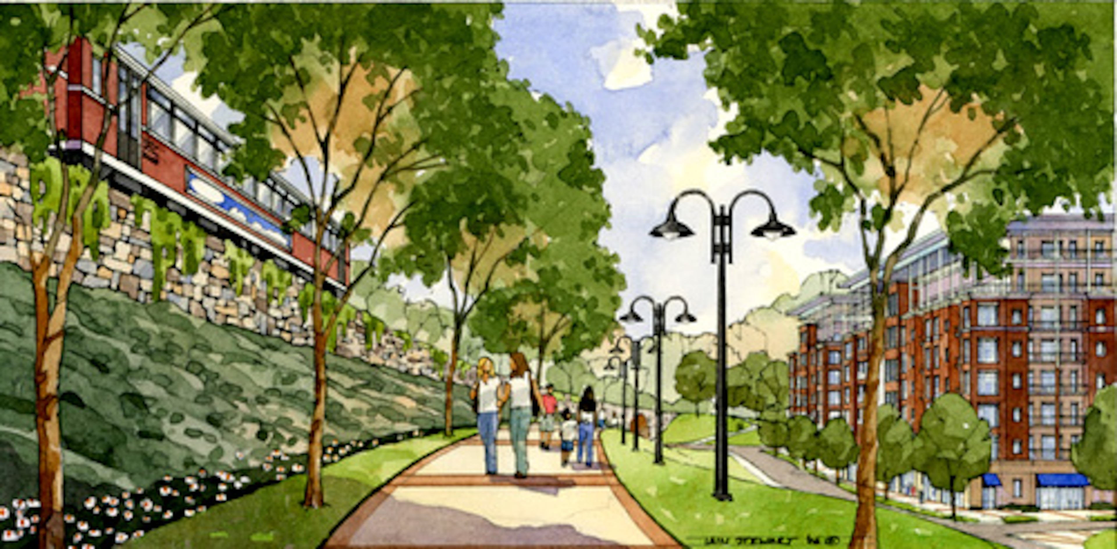 The Atlanta Beltline is a proposed loop of rail transit, trails and parks around the city's core. In this rendering of a proposed development near Grant Park, a pedestrian path runs along a rail line.