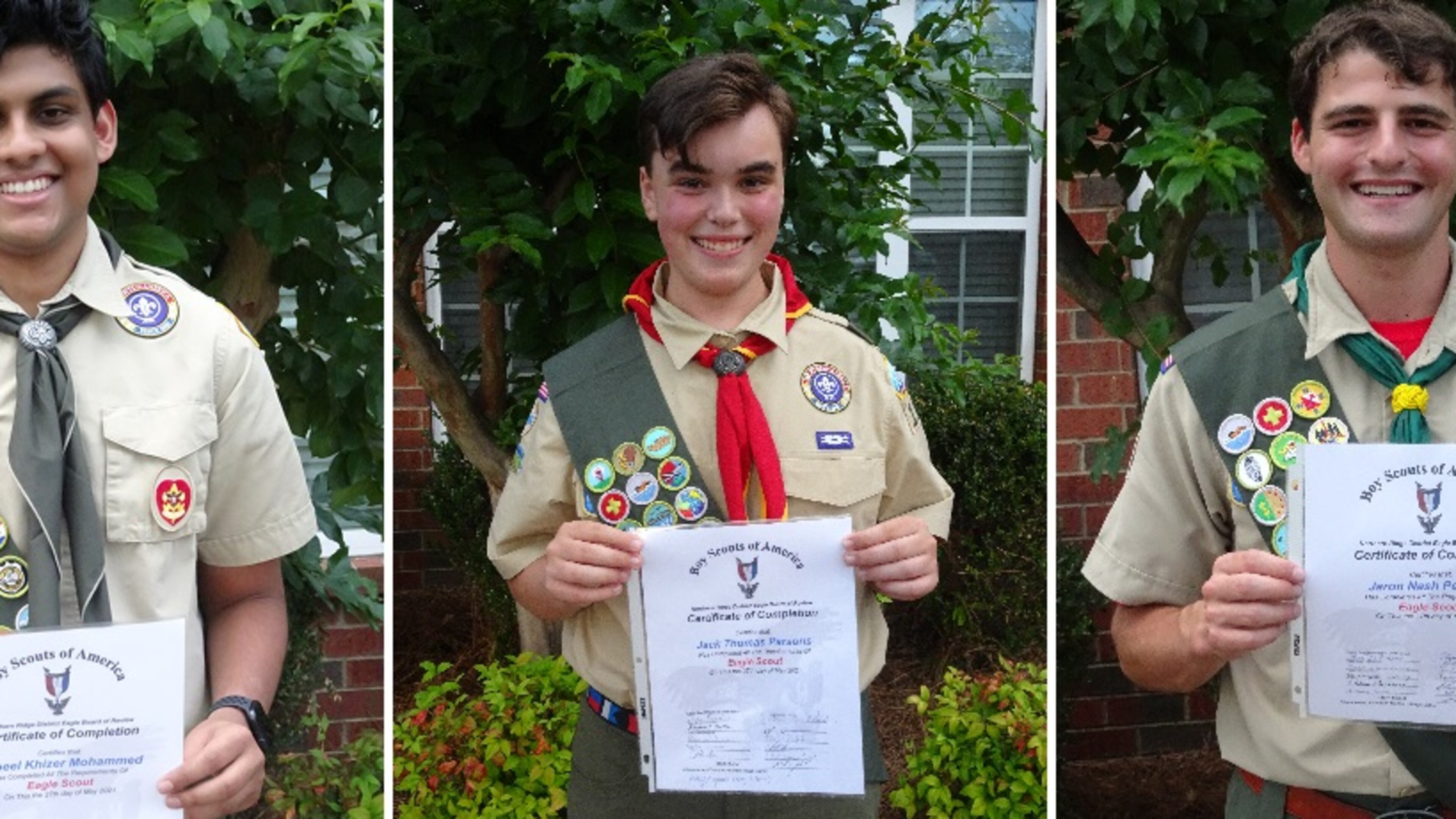 The Northern Ridge Boy Scout District (Cities of Roswell, Alpharetta, John’s Creek, Milton) is proud to announce its newest Eagle Scouts, who passed his Board of Review May 27 at the Kiddos Clubhouse (from left):
Nabeel Mohammed, of Troop 12, sponsored by Muslim American Society Youth Center, whose project was the renovating the eight picnic tables for the Hamzah Islamic Center. Nabeel also power washed the concrete floor of the pavilion where the picnic tables are located.
Jack Parsons, of Troop 1134, sponsored by St. Peter Chanel Catholic Church, whose project was the design and construction of a hummingbird and butterfly garden for Elawa Farm Wildlife Discovery Center in Lake Forrest, Illinois
Jaron Pearson, of Troop 629, sponsored by Mt. Pisgah United Methodist Church, whose project was the design and construction of two Handicap accessible Picnic Tables for Autry Mill Nature Preserve and Heritage Center