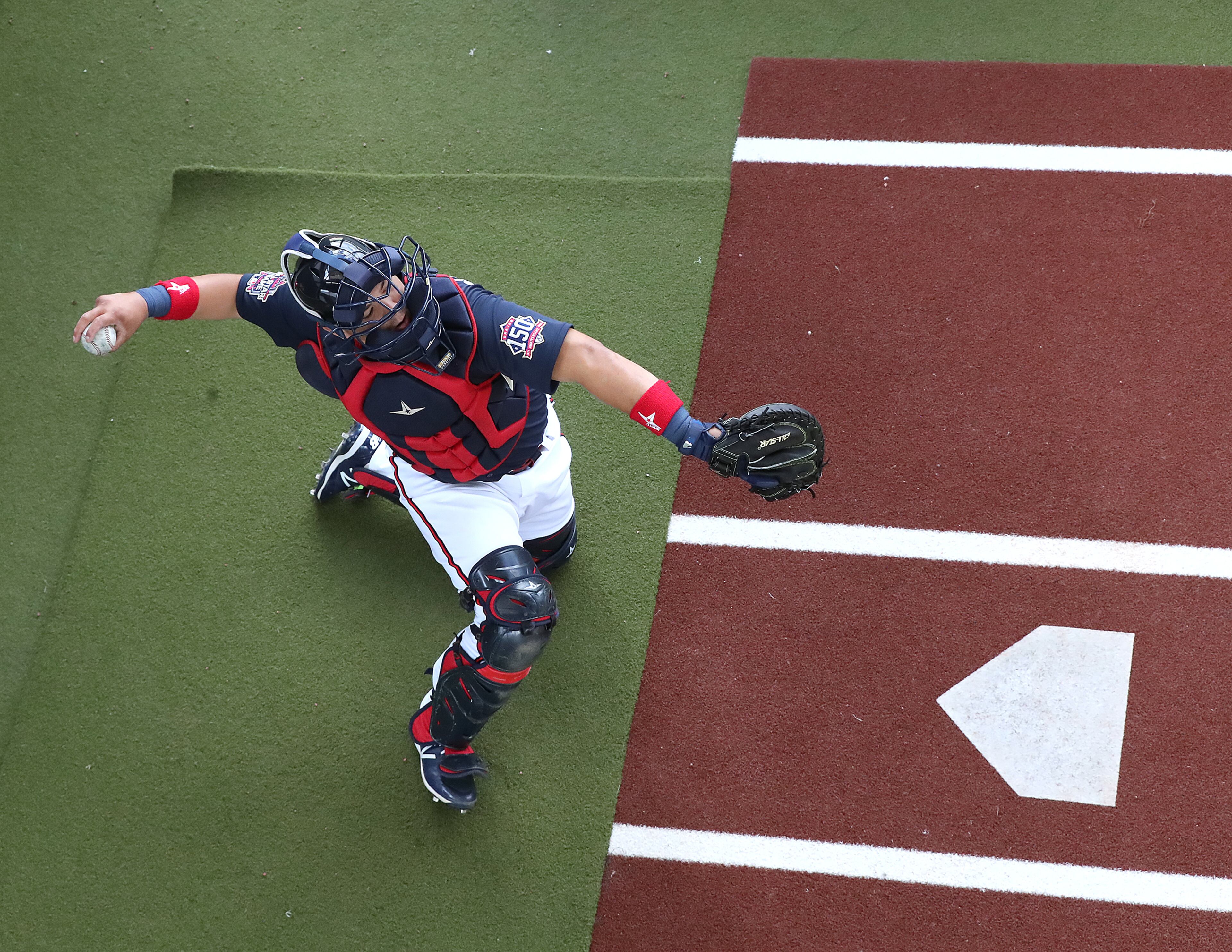 Atlanta Braves catcher Jonathan Morales works in the bullpen with Kyle Wright during team practice Wednesday, Feb. 24, 2021, at CoolToday Park in North Port, Fla. (Curtis Compton / Curtis.Compton@ajc.com)