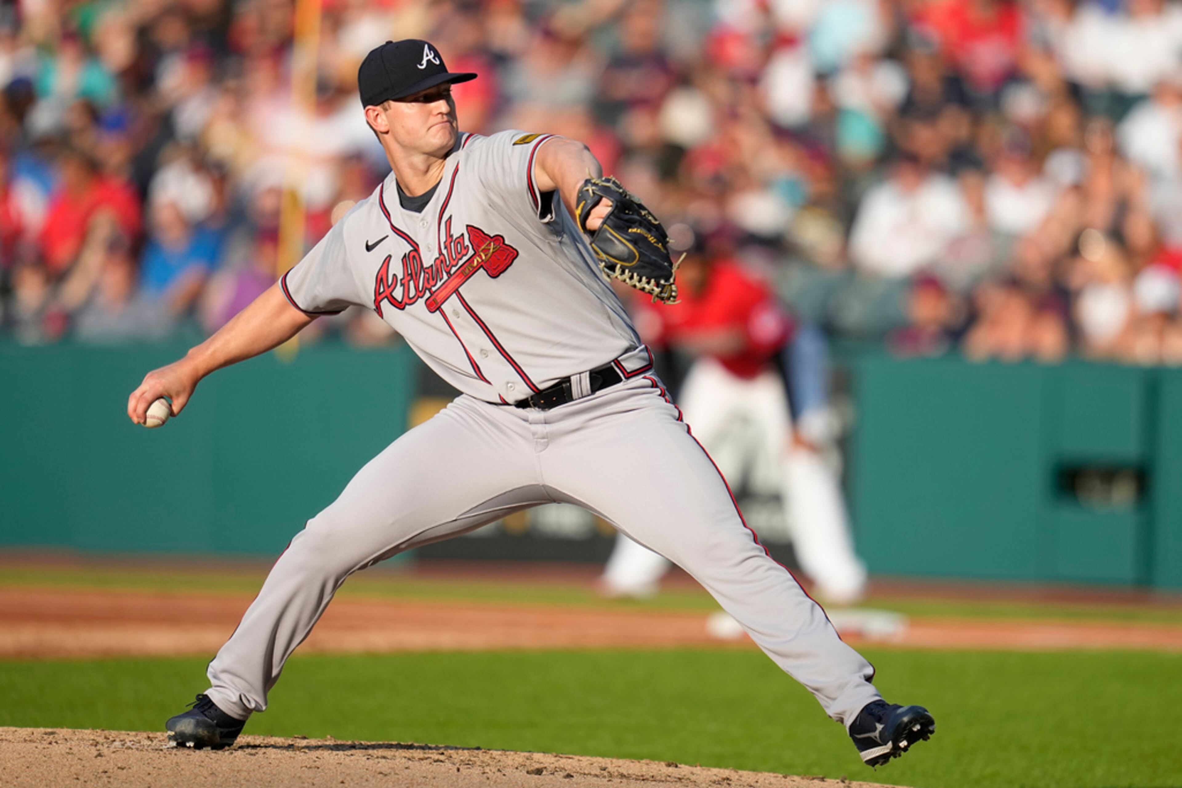 Atlanta Braves' Michael Soroka pitches to a Cleveland Guardians batter during the first inning of a baseball game Wednesday, July 5, 2023, in Cleveland. (AP Photo/Sue Ogrocki)