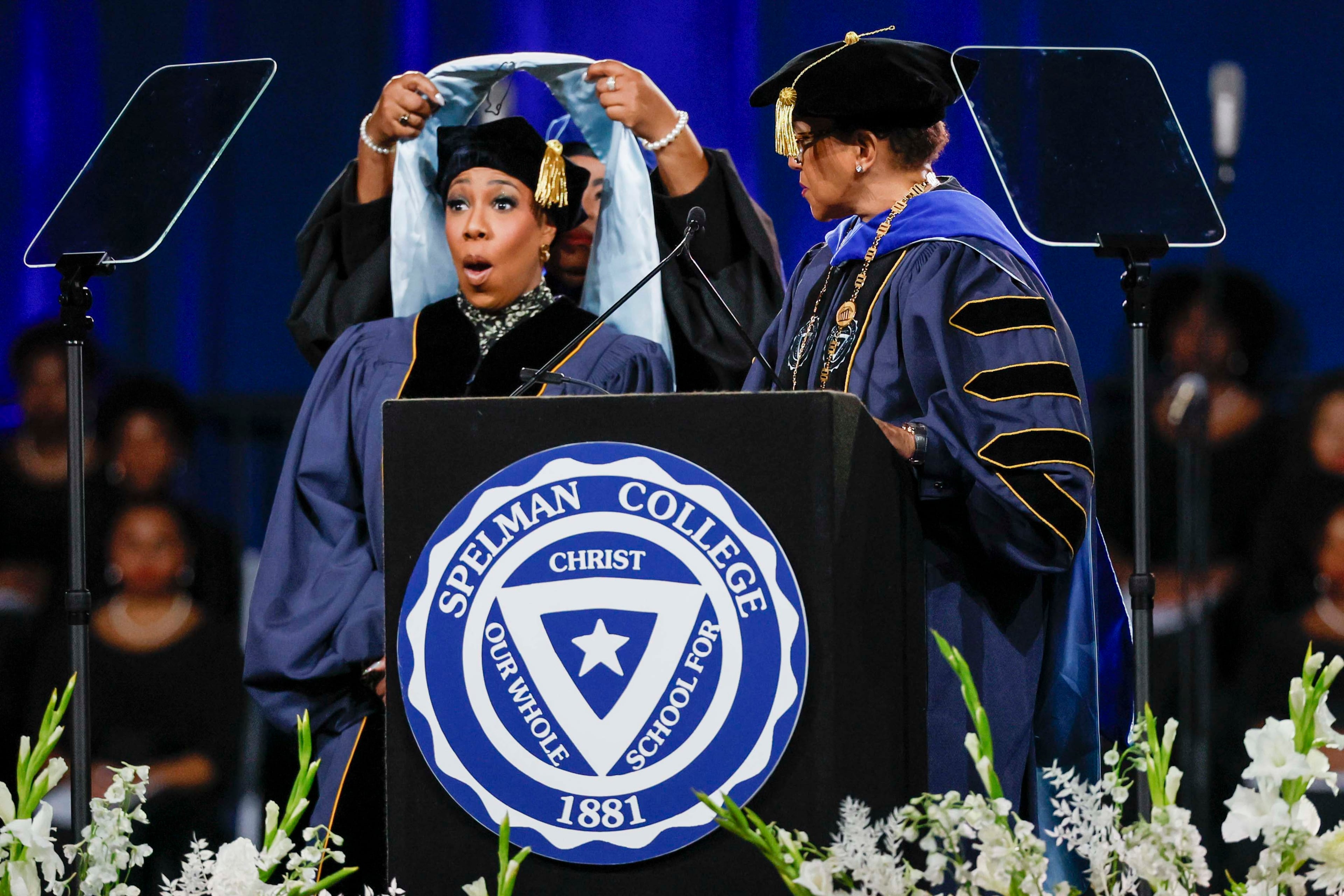 Symone D. Sanders Townsend reacts as she is honored with the degree of Doctor of Humane Letters during the Spelman College Commencement ceremony at the Georgia International Convention Center in College Park on Sunday, May 17, 2026.
(Miguel Martinez/AJC)