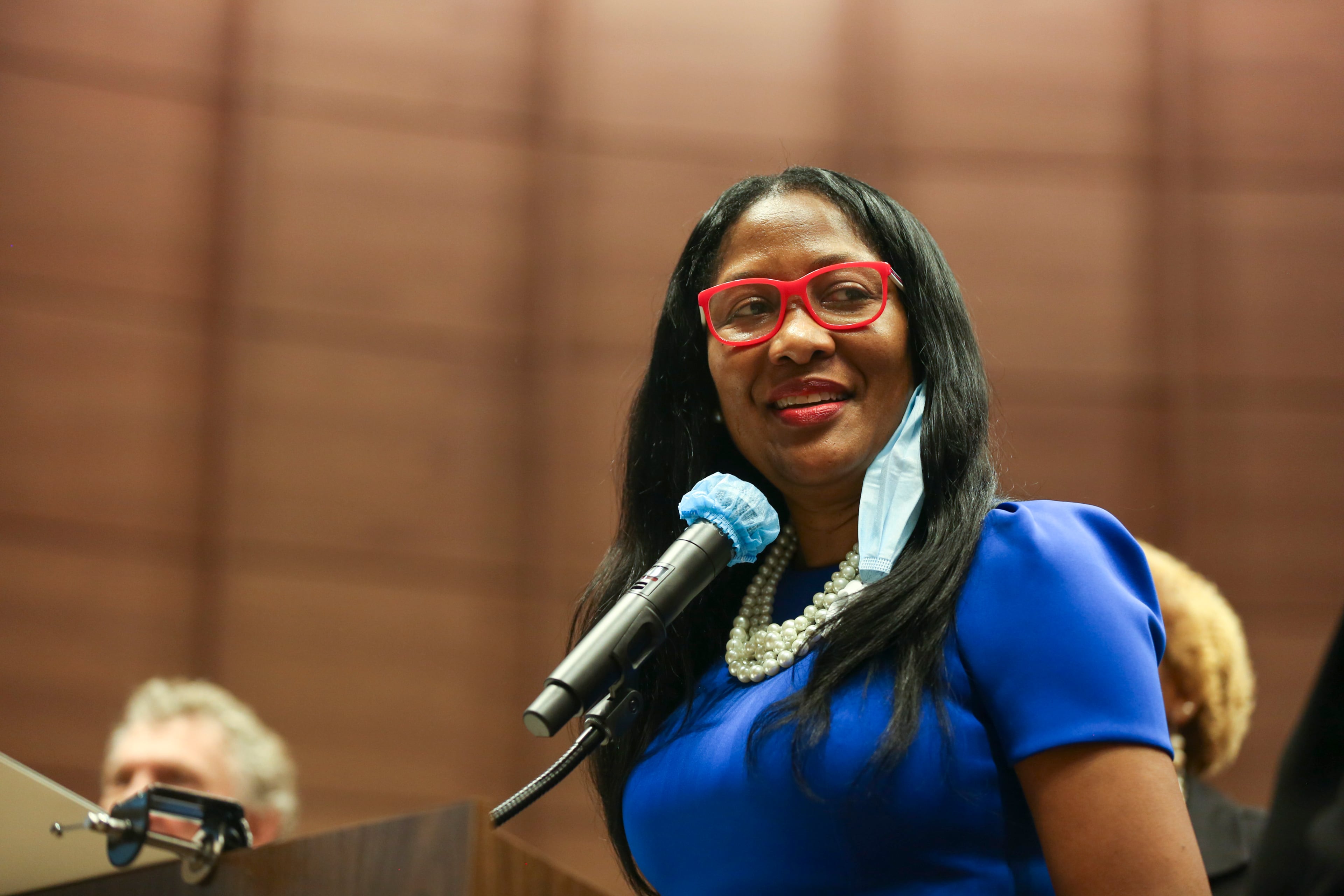 Former Fulton Commissioner Natalie Hall, seen here during a meeting in 2021, hopes to recapture the Fulton Commission's District 4 seat. (Rebecca Wright for the AJC)
