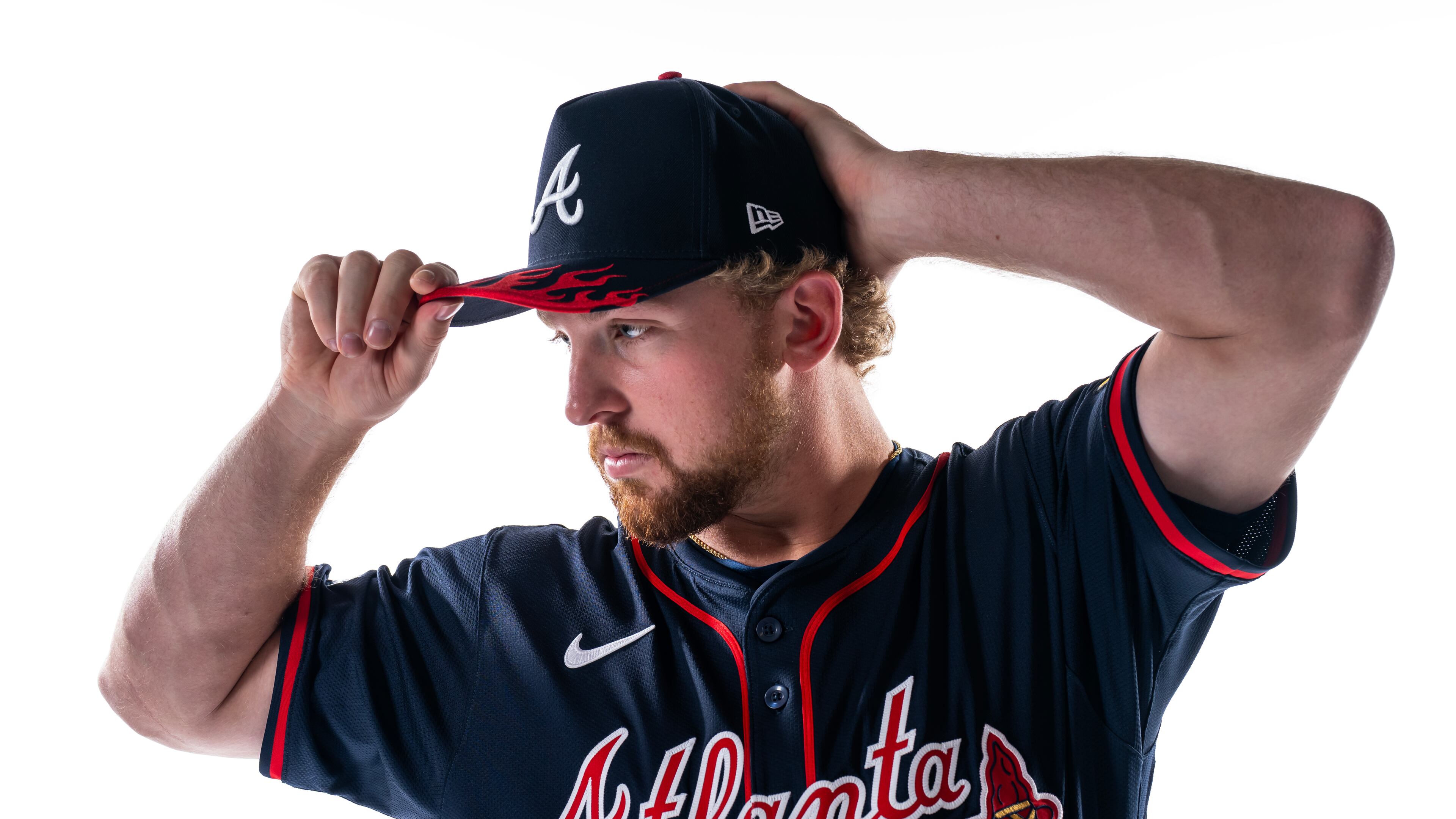 Spencer Schwellenbach of the Atlanta Braves was part of the MLB Speedway Classic uniform shoot at Truist Park on Tuesday, May 6, 2025 in Atlanta. (Daniel Shirey/MLB Photos via Getty Images)