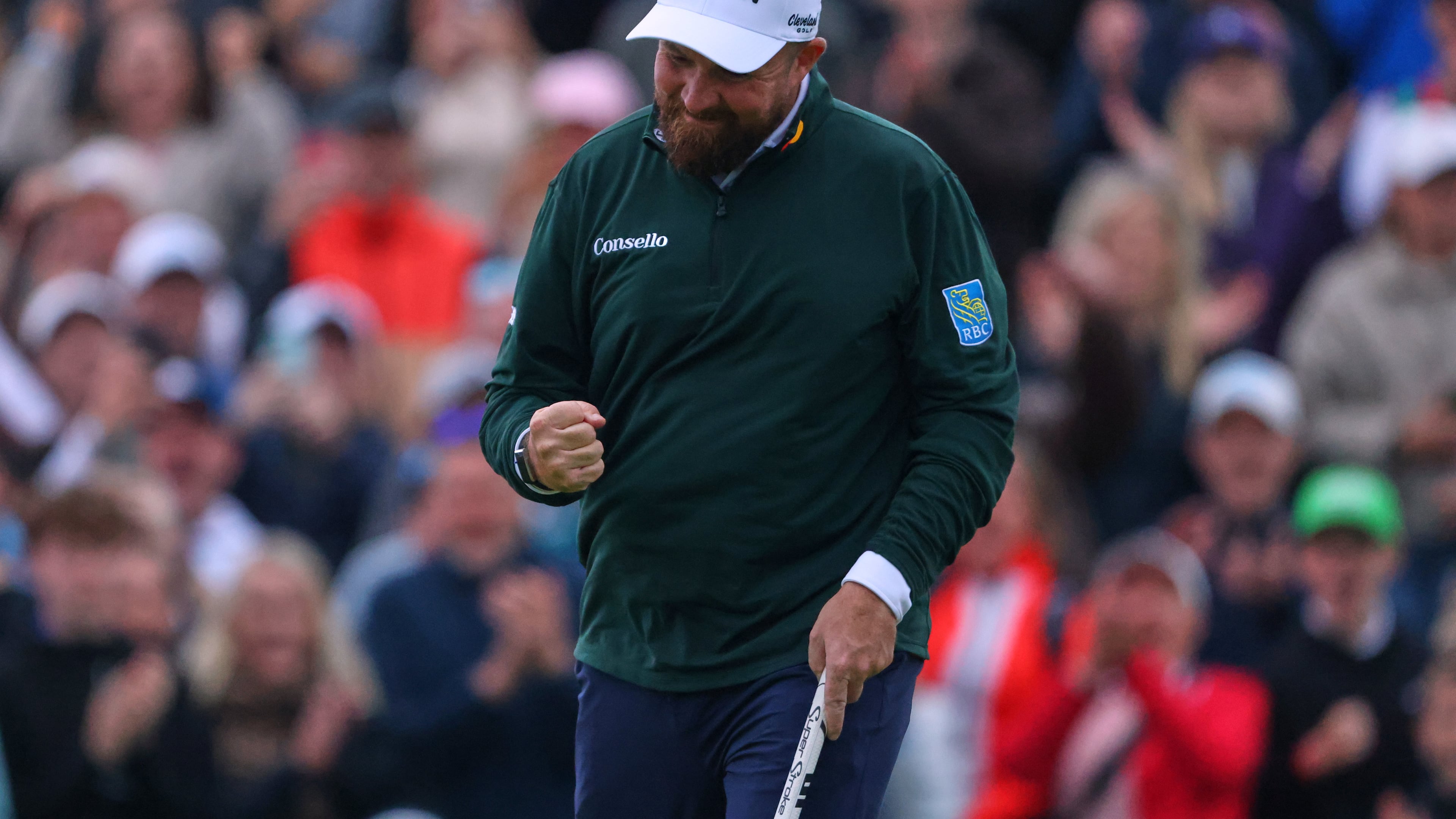 Shane Lowry of Ireland reacts during the Irish Open at Trump International Golf Links in Doonbeg, Ireland, Saturday, Sept. 12, 2026.(AP Photo/Peter Morrison)