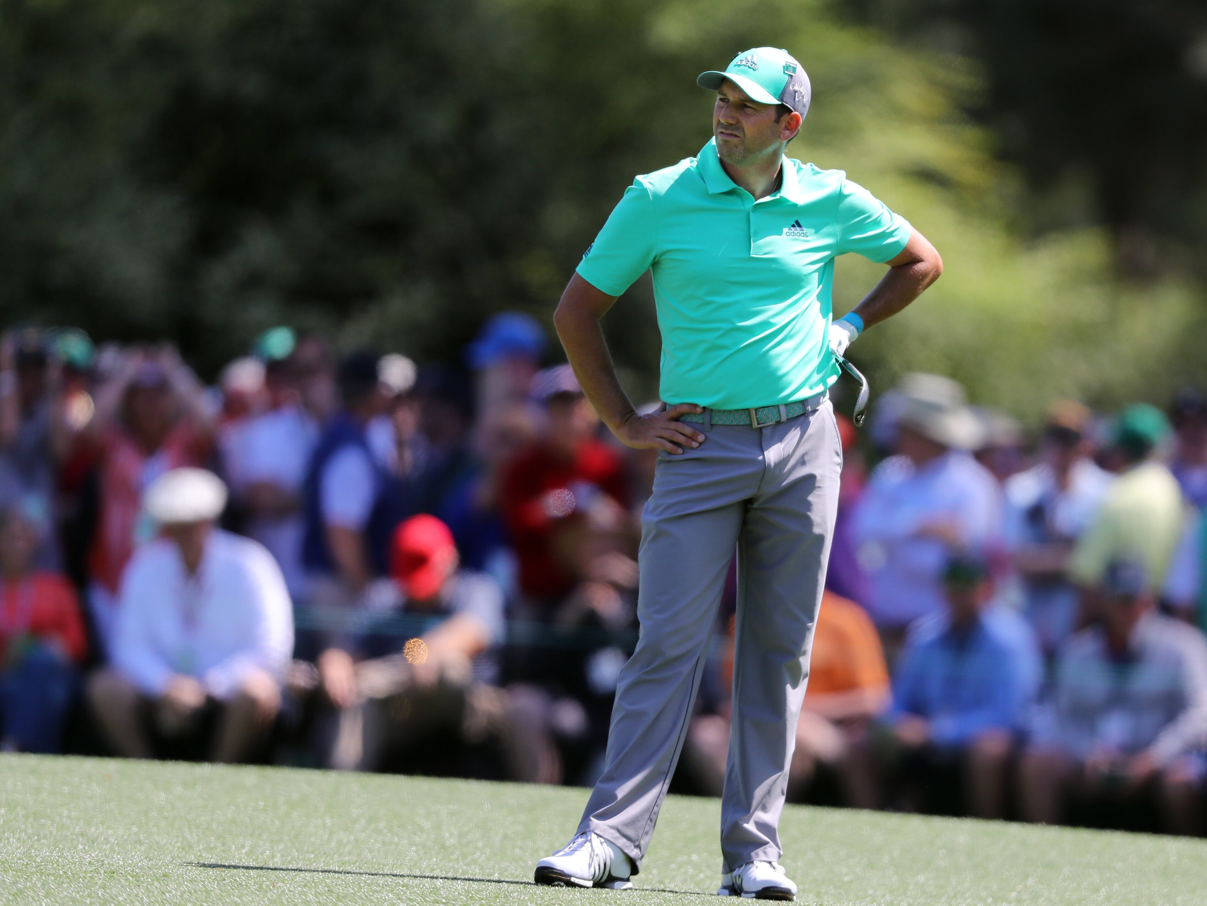 4/5/18 - Augusta - Sergio Garcia reacts after he hit four shots into the pond on 15. during the first round of the Masters at Augusta National Golf Club on Thursday, April 5, 2018, in Augusta. Curtis Compton/ccompton@ajc.com