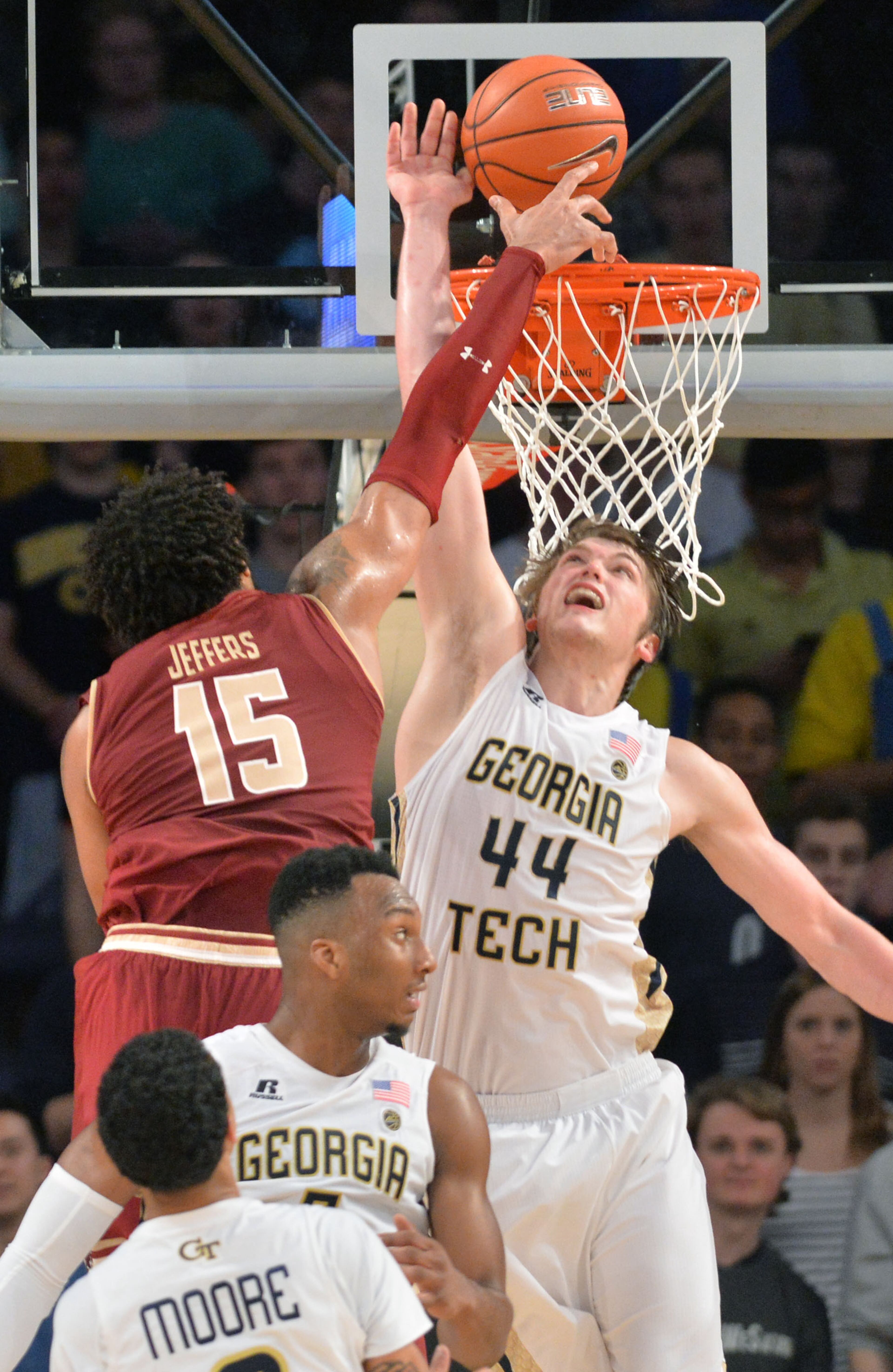 February 11, 2017 Atlanta - Georgia Tech's center Ben Lammers (44) blocks a shot by Boston College's forward Mo Jeffers (15) in a basketball game at McCamish Pavilion on Saturday, February 11, 2017. Georgia Tech won 65 - 54 over the Boston College. HYOSUB SHIN / HSHIN@AJC.COM