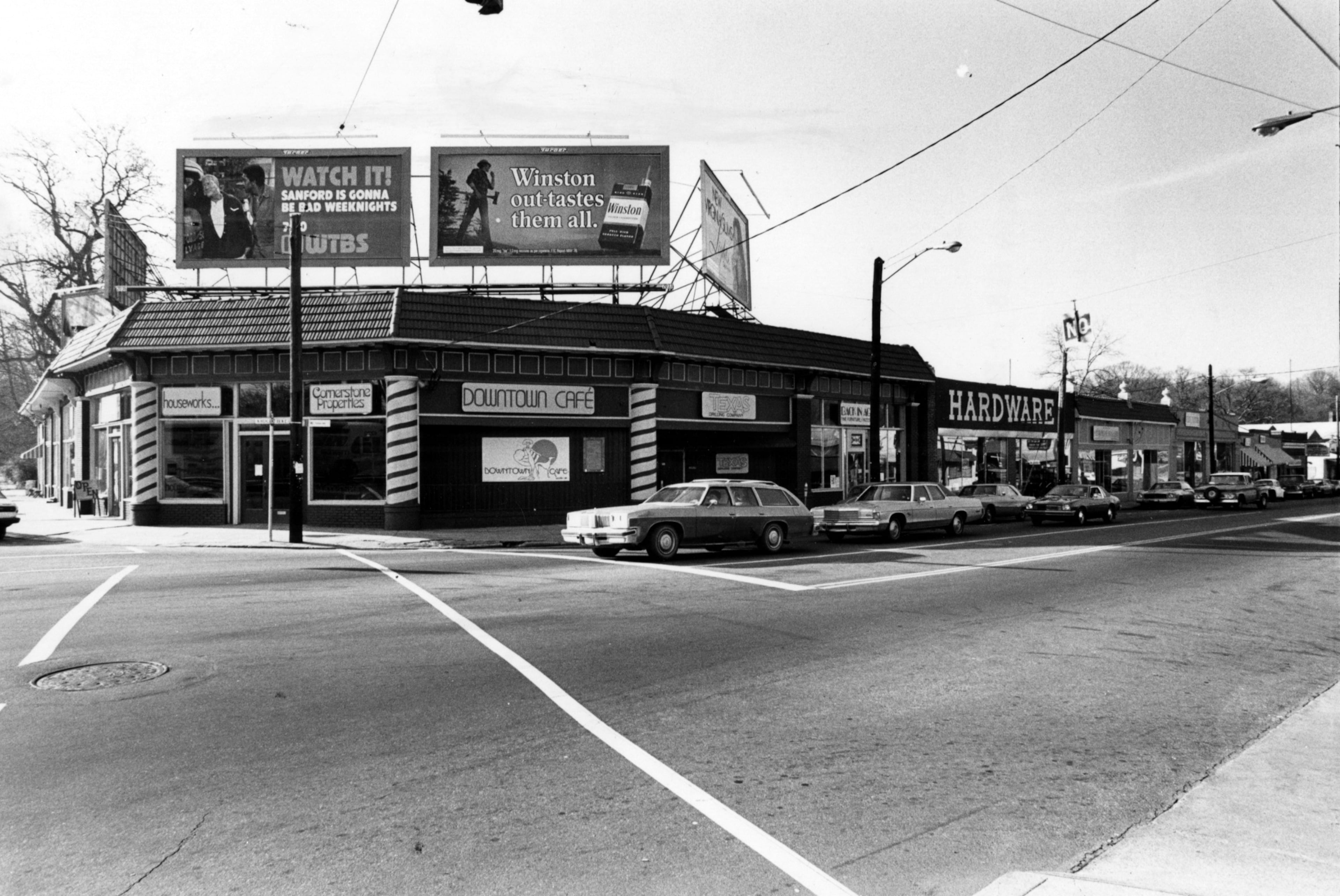 The original caption from 1980: "New shops and businesses have brought life into the block of buildings at the corner of Virginia and Highland Avenues."