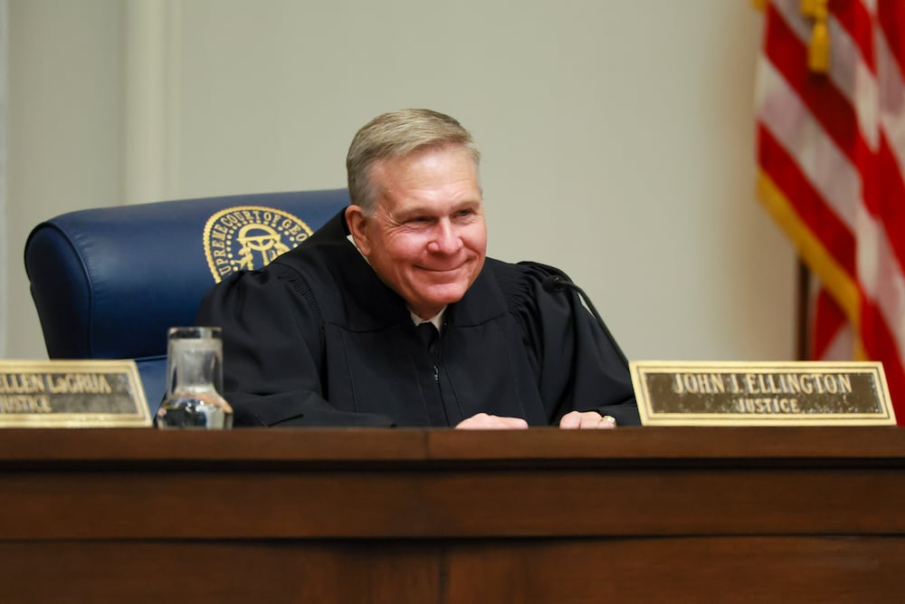 Georgia Supreme Court Justice John Ellington, seen here during a hearing at the Nathan Deal Judicial Center in June. (Jason Getz/AJC)
