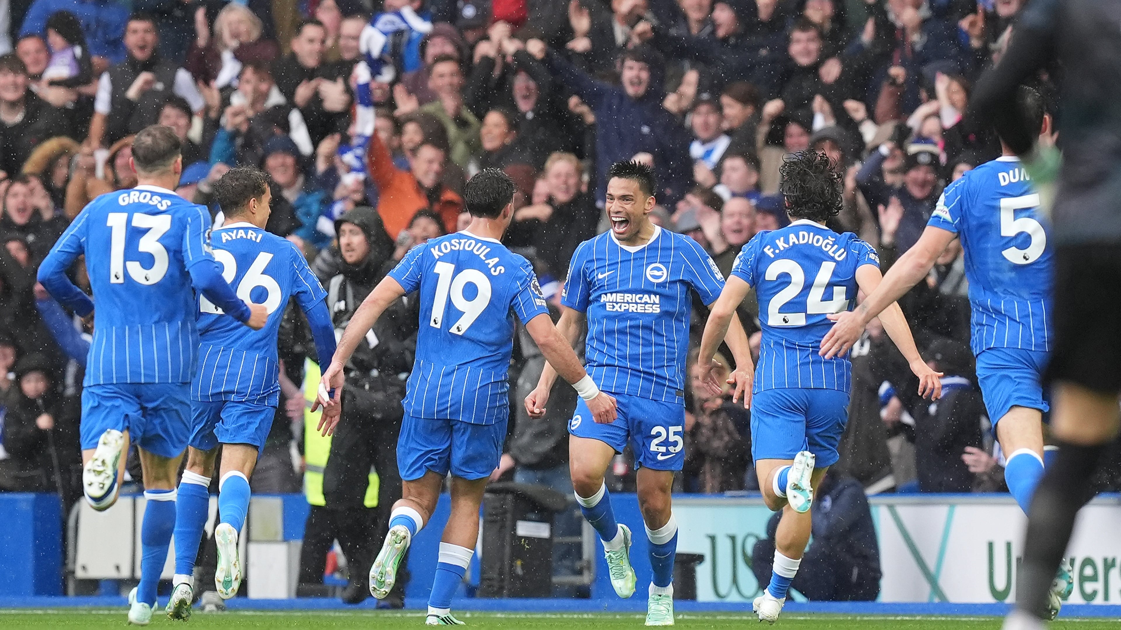Brighton's Diego Gomez, center, celebrates scoring during the English Premier League soccer match between Brighton and Hove Albion and Crystal Palace in Brighton, England, Sunday, Oct. 18, 2026. (Gareth Fuller/PA via AP)
