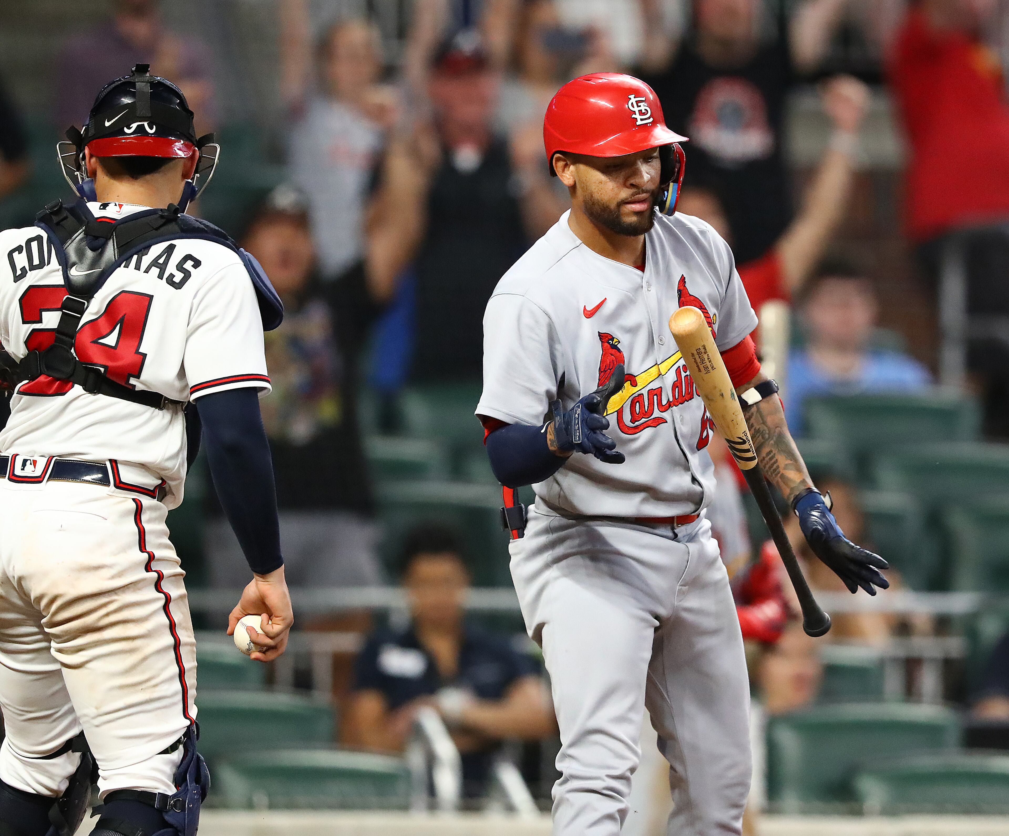 St. Louis Cardinals batter Edmundo Sosa flips his bat while reacting to striking out to end the game in a 7-1 loss to the Atlanta Braves during the ninth inning in a MLB baseball game on Tuesday, July 5, 2022, in Atlanta. “Curtis Compton / Curtis.Compton@ajc.com”