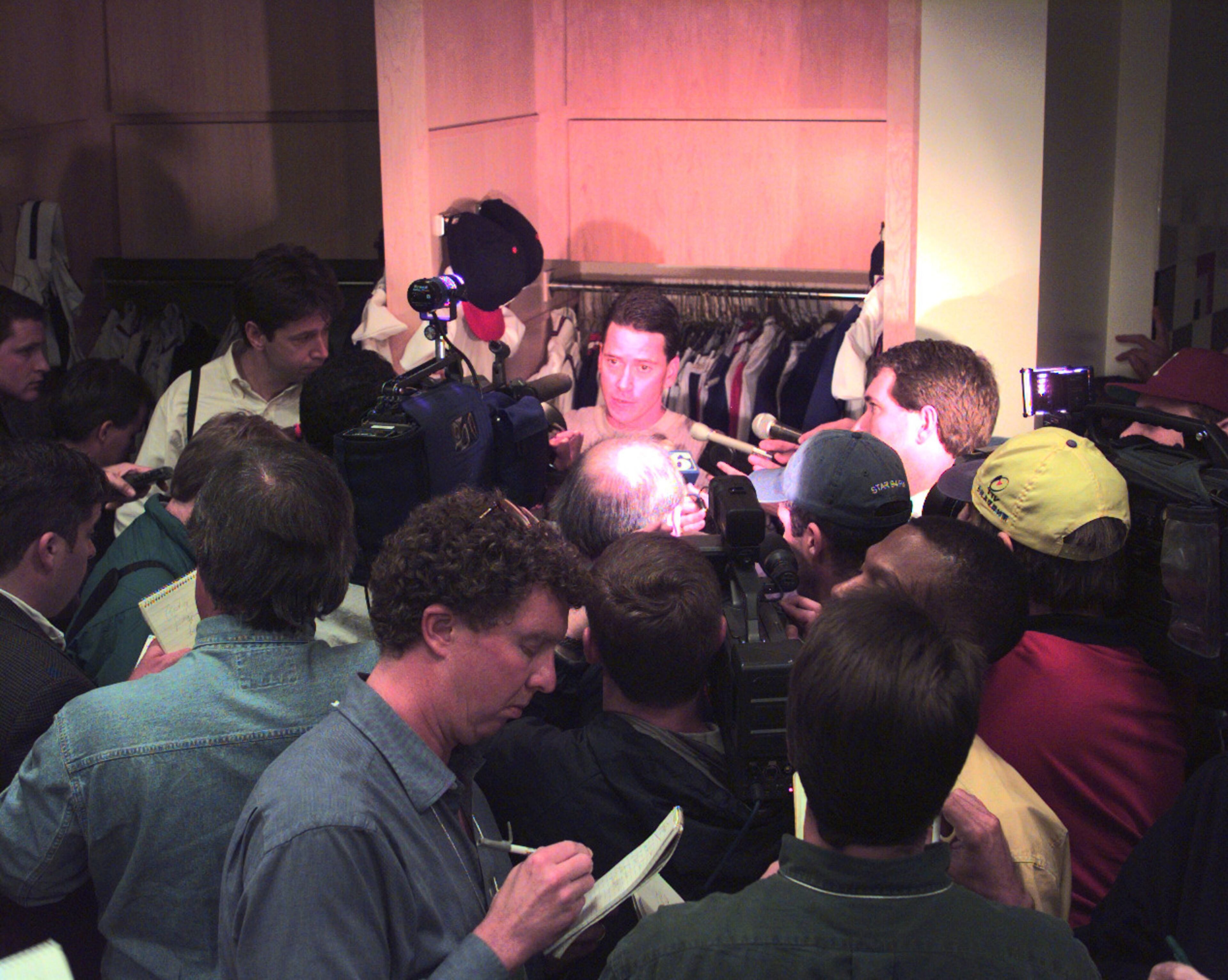 Braves starting pitcher Tom Glavine faces the media after losing game 6 and the 1997 National League Championship Series.