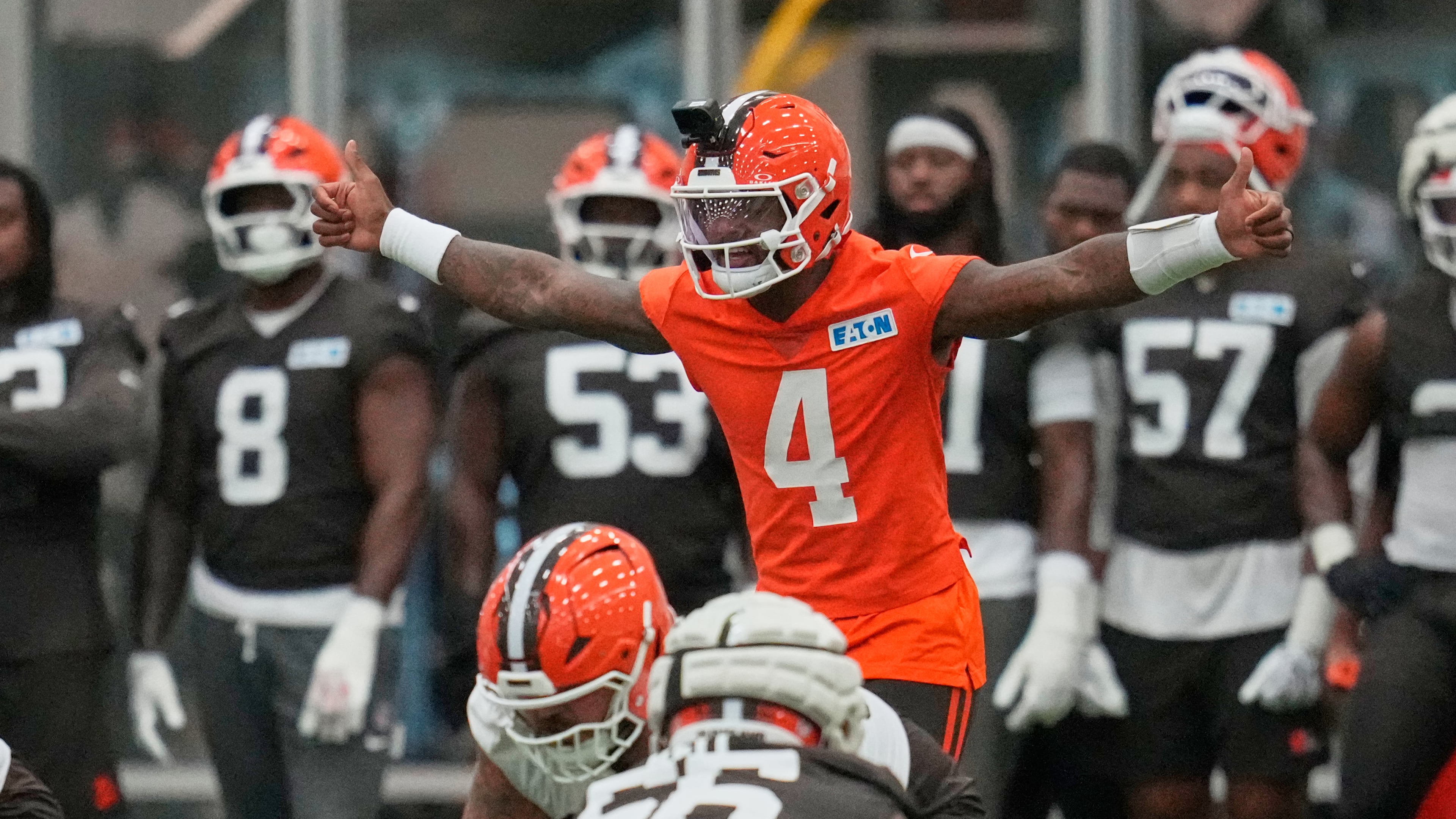 Cleveland Browns quarterback Deshaun Watson (4) during the team's NFL football training camp, Monday, Aug. 10, 2026, in Berea, Ohio. (AP Photo/Sue Ogrocki)