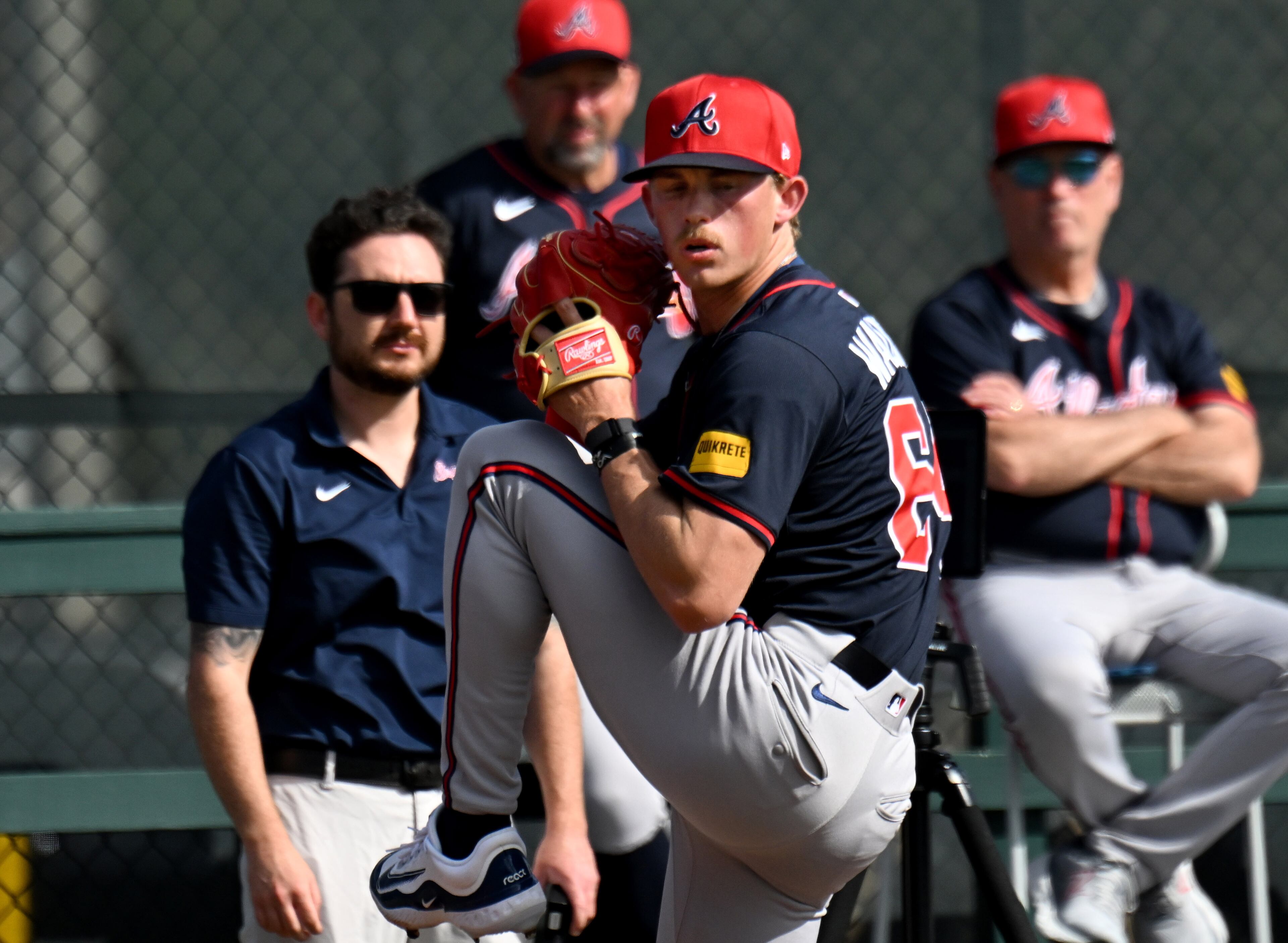 Atlanta Braves pitcher Hurston Waldrep throws a ball during spring training workouts at CoolToday Park, Thursday, February 13, 2025, North Port, Florida. (Hyosub Shin / AJC)