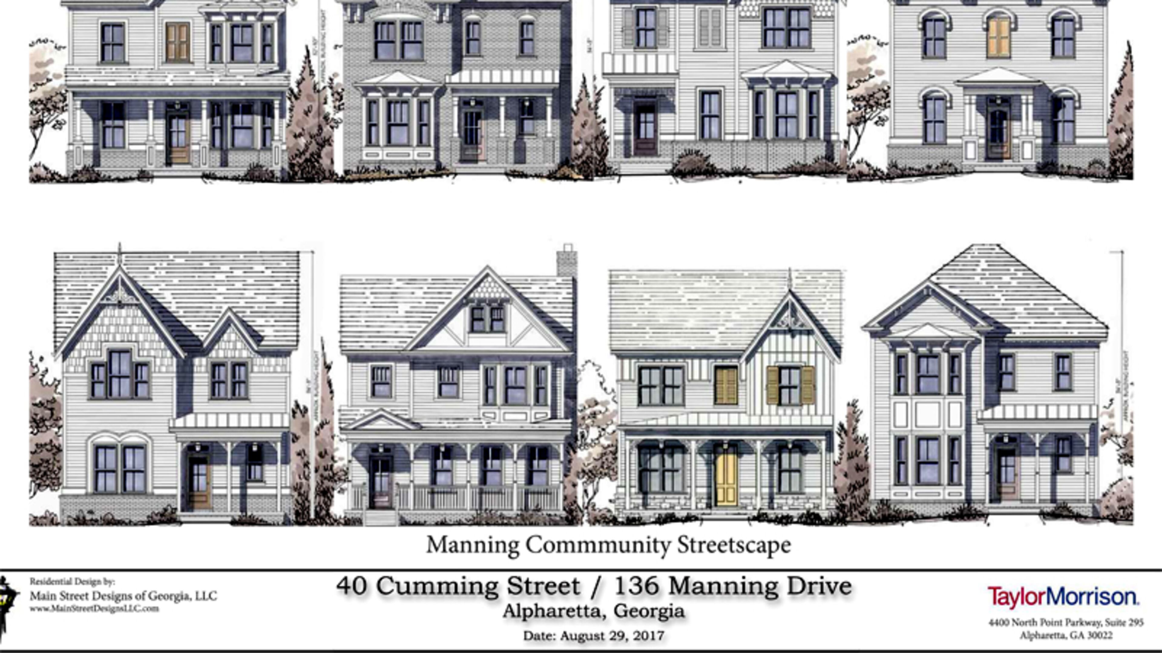 Artist’s renderings depict the designs proposed by Taylor Morrison for a 58-home project on Cumming Street in downtown Alpharetta. CITY OF ALPHARETTA