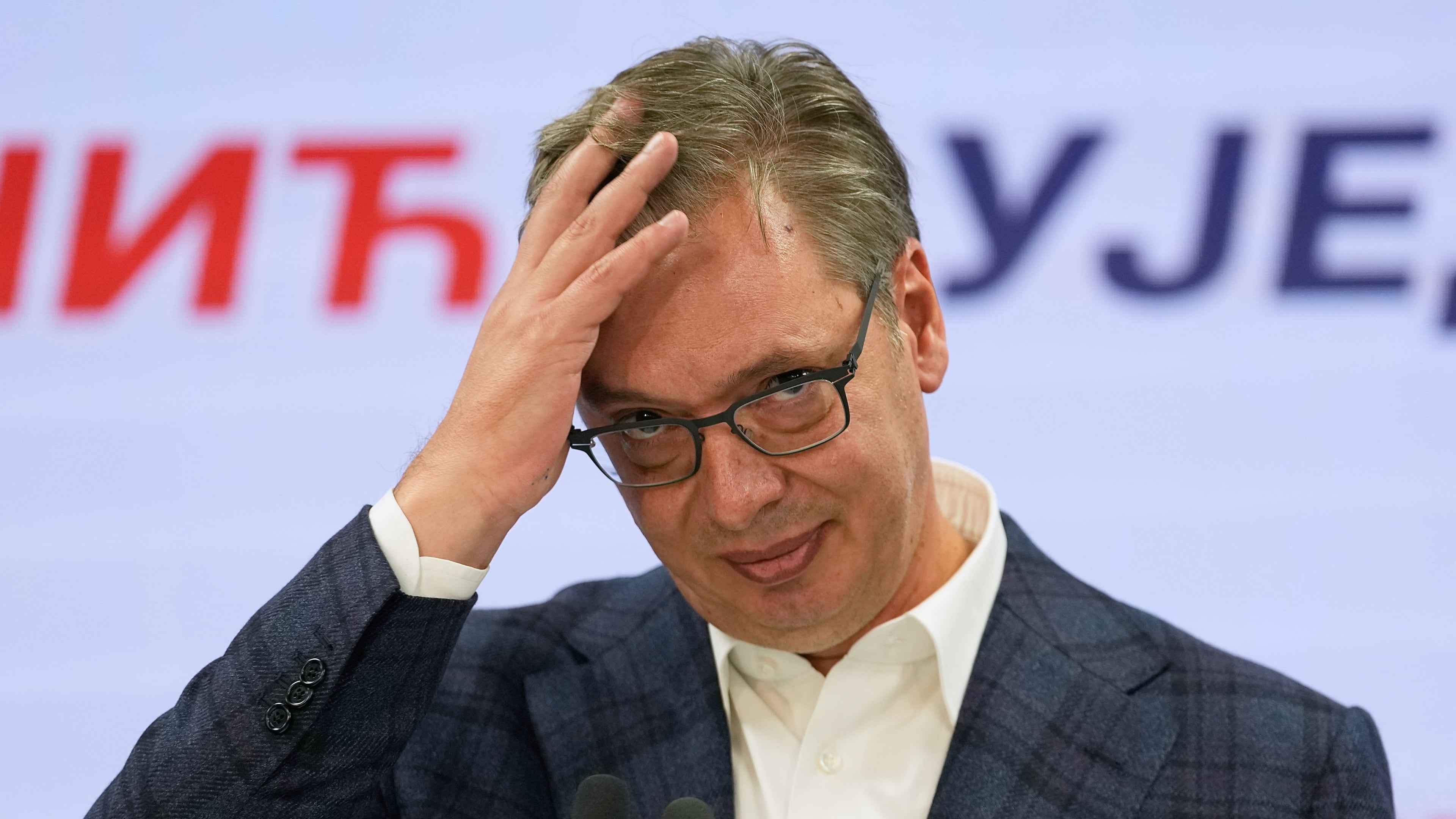Aleksandar Vucic, leader of the right-wing Serbian Progressive Party (SNS) speaks at the party headquarters, after conceding defeat in the parliamentary election in Belgrade, Serbia, Sunday, Oct. 25, 2026. (AP Photo/Darko Vojinovic)