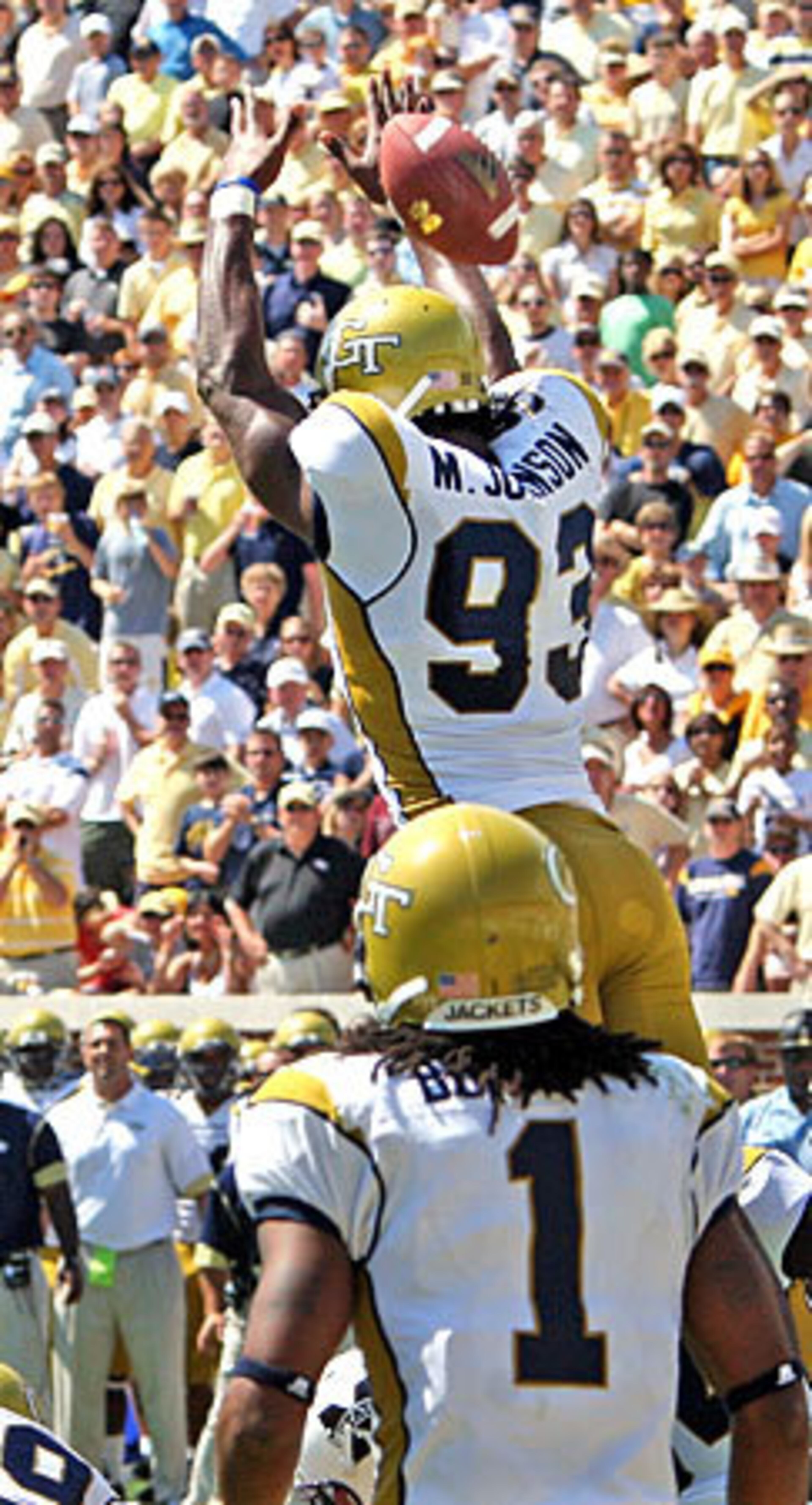 Georgia Tech defensive end Michael Johnson goes up high to block a field-goal attempt by Mississippi State in the first quarter.