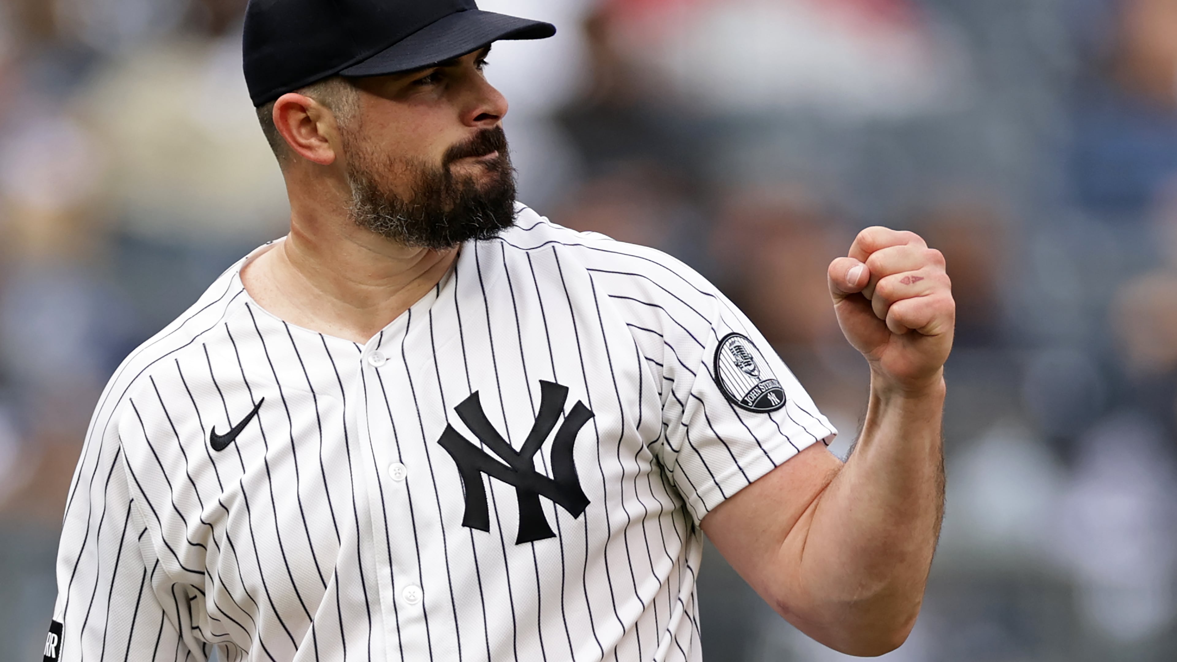 New York Yankees pitcher Carlos Rodon reacts after the final out in the top half of the seventh inning during the first baseball game of a doubleheader against the Tampa Bay Rays, Tuesday, Sept. 22, 2026, in New York. (AP Photo/Adam Hunger)