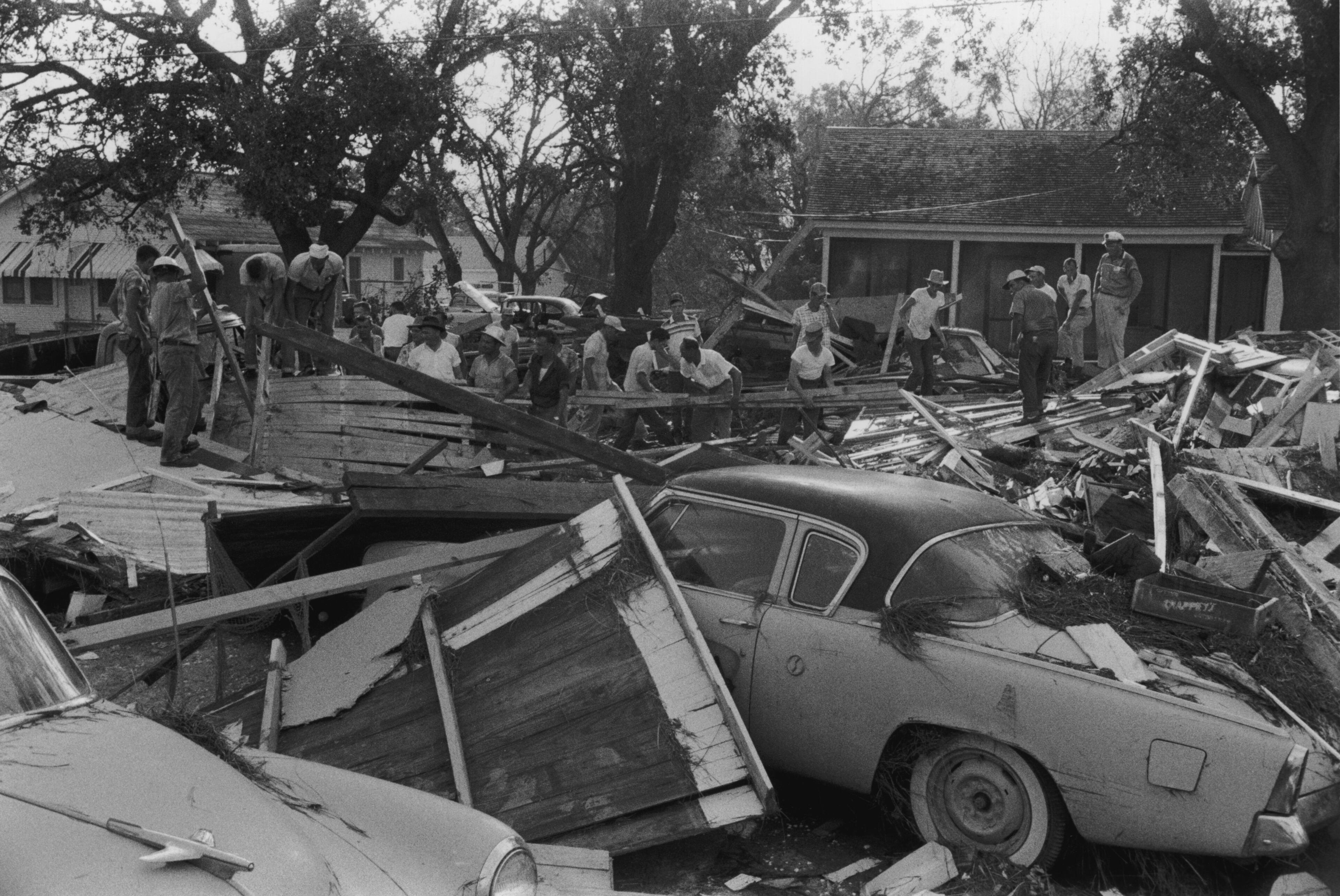 HURRICANE AUDREY, 1957: Hurricane Audrey struck the coastal areas of Louisiana and Texas and is considered to be one of the deadliest hurricanes in U.S. history. The hurricane struck in June, during the earlier part of the hurricane season. The storm system caused at least 500 deaths, though many more casualties were likely but not officially recorded. Seen here is a view of wreckage in the aftermath of Hurricane Audrey, Louisiana. (Photo by Shel Hershorn/Hulton Archive/Getty Images)