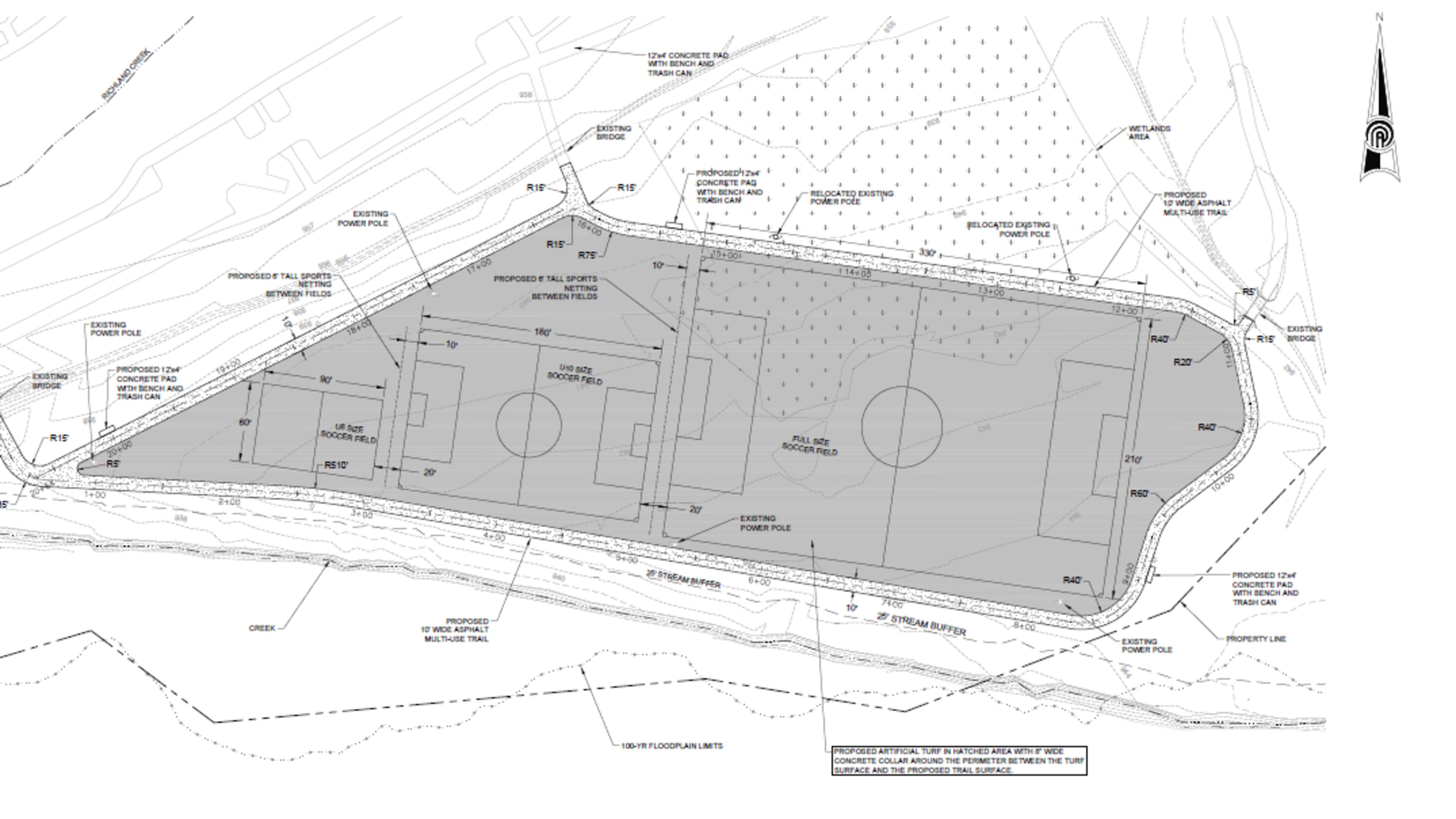The SPLOST-funded improvements to Gary Pirkle Park in Sugar Hill include a large area of synthetic turf, with 3 soccer fields (full-size; U10 and U8), new field lighting, site lighting, and new perimeter trails. (Courtesy City of Sugar Hill)