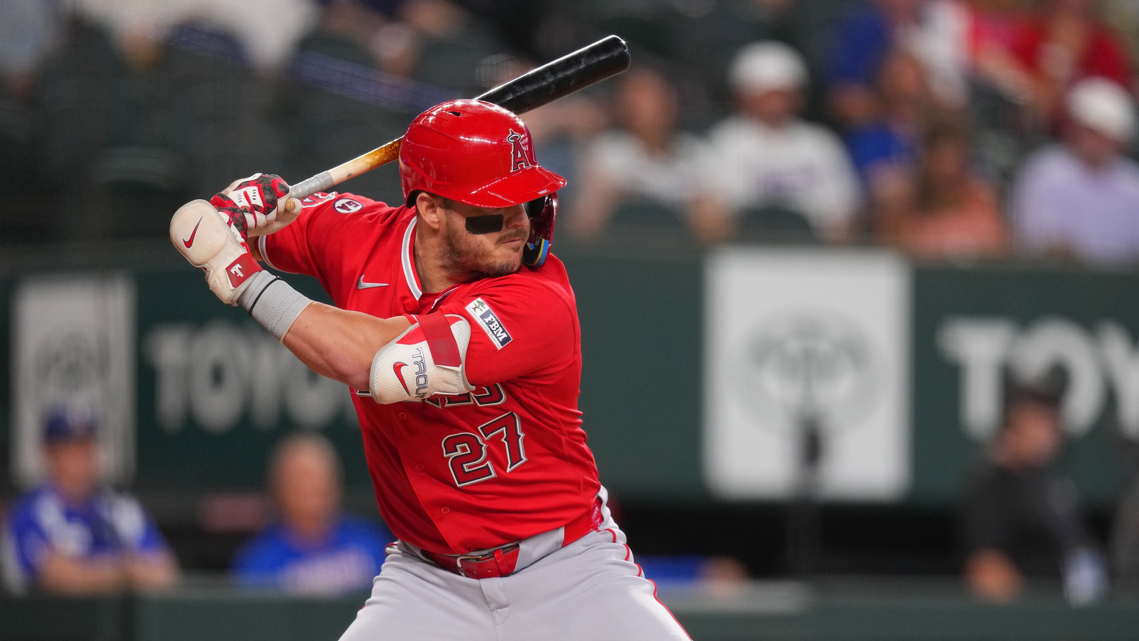 Los Angeles Angels designated hitter Mike Trout waits for a pitch from the Texas Rangers during the first inning of a baseball game, Wednesday, July 8, 2026, in Arlington, Texas. (AP Photo/Julio Cortez)