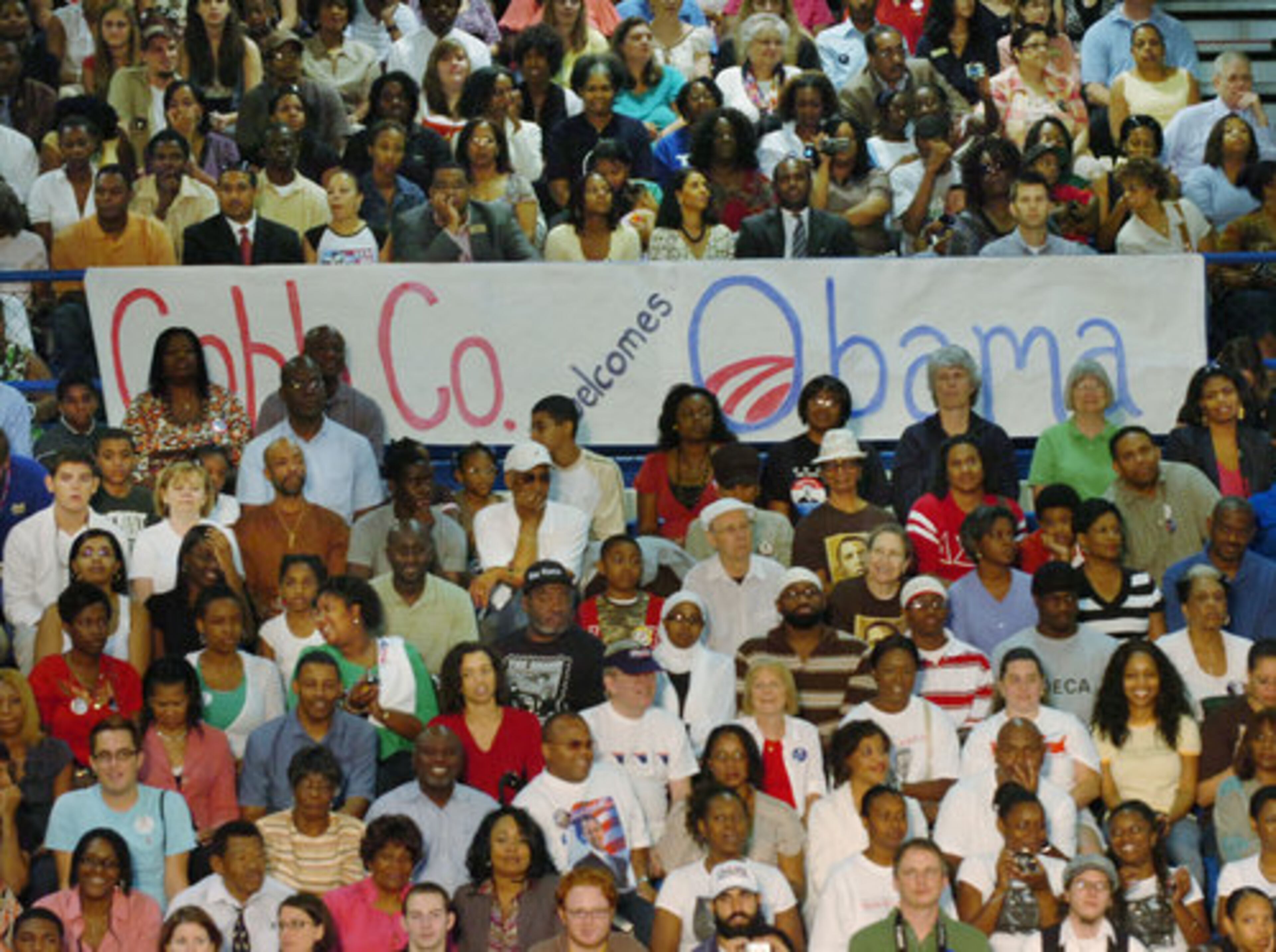 A packed gymnasium awaits presidential candidate Barack Obama at McEachern High School in Powder Springs.